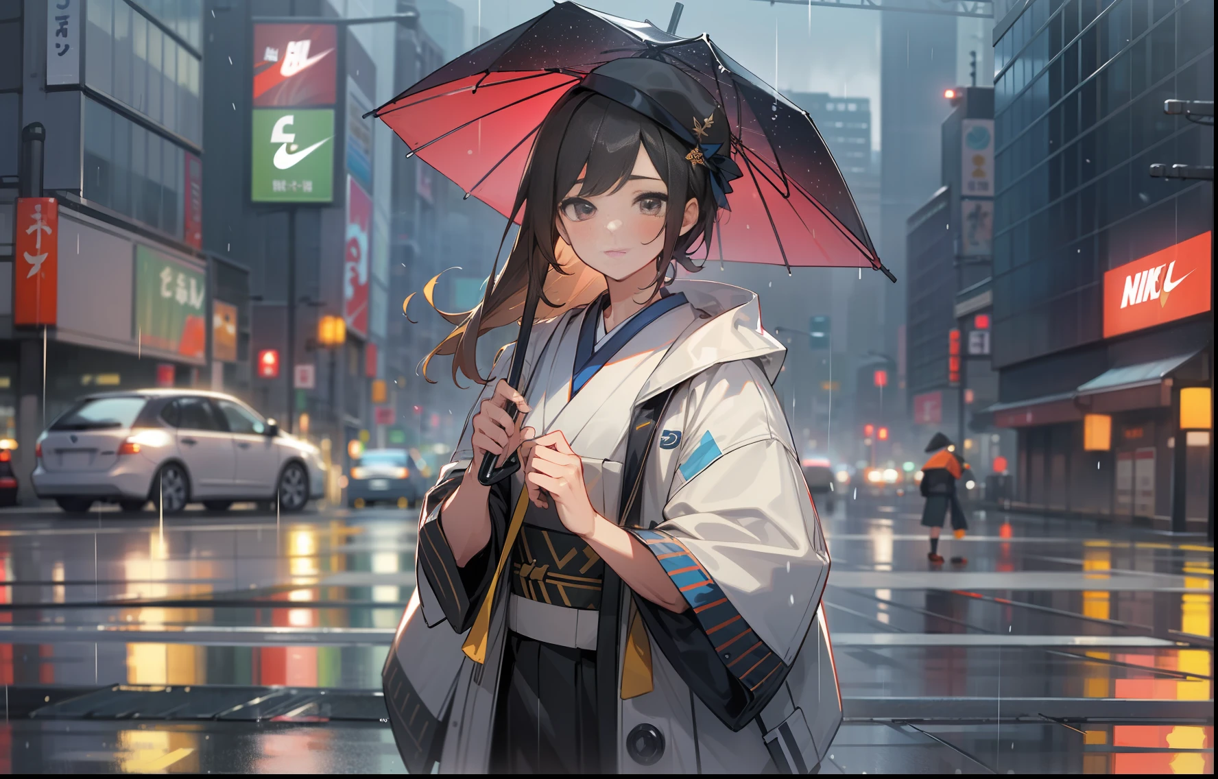 Masterpiece, best quality, high quality, very detailed CG unified 8k wallpaper, handsome girls Nike shoes, hat raining handsome, standing, city, tokyo rain car bokeh, depth field