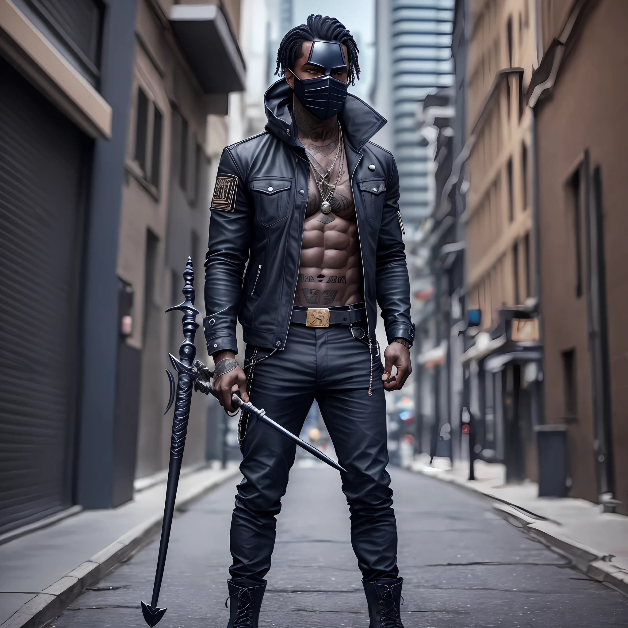 Dark-skinned man, black hair with black mask, a black jacket and one (mostly navy blue) with tattoos, black pants and boots with locks on the sole and a harpoon spear in his hand; --auto --s2