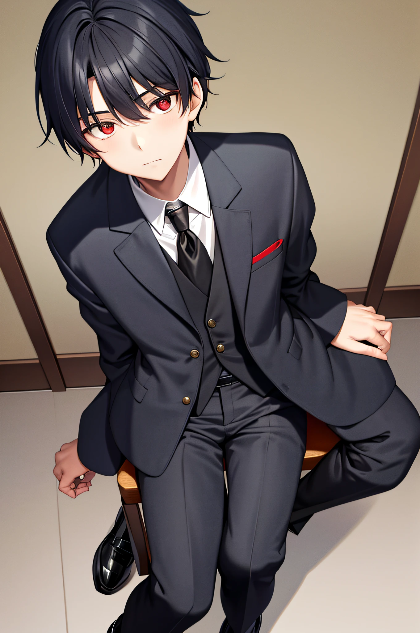 (masterpiece), (best quality), highres, 1boy, kiyotaka ayanokoji, 15 year old teenage boy, school uniform white shirt black jacket open jacket blue tie long black pants sitting, red eyes, short black hair, anatomically correct full body, has a jesus necklace around his neck, normal legs, wears black shoes, looking at the viewer, is sitting on a chair,  He's inside a hotel, and he's completely depleted