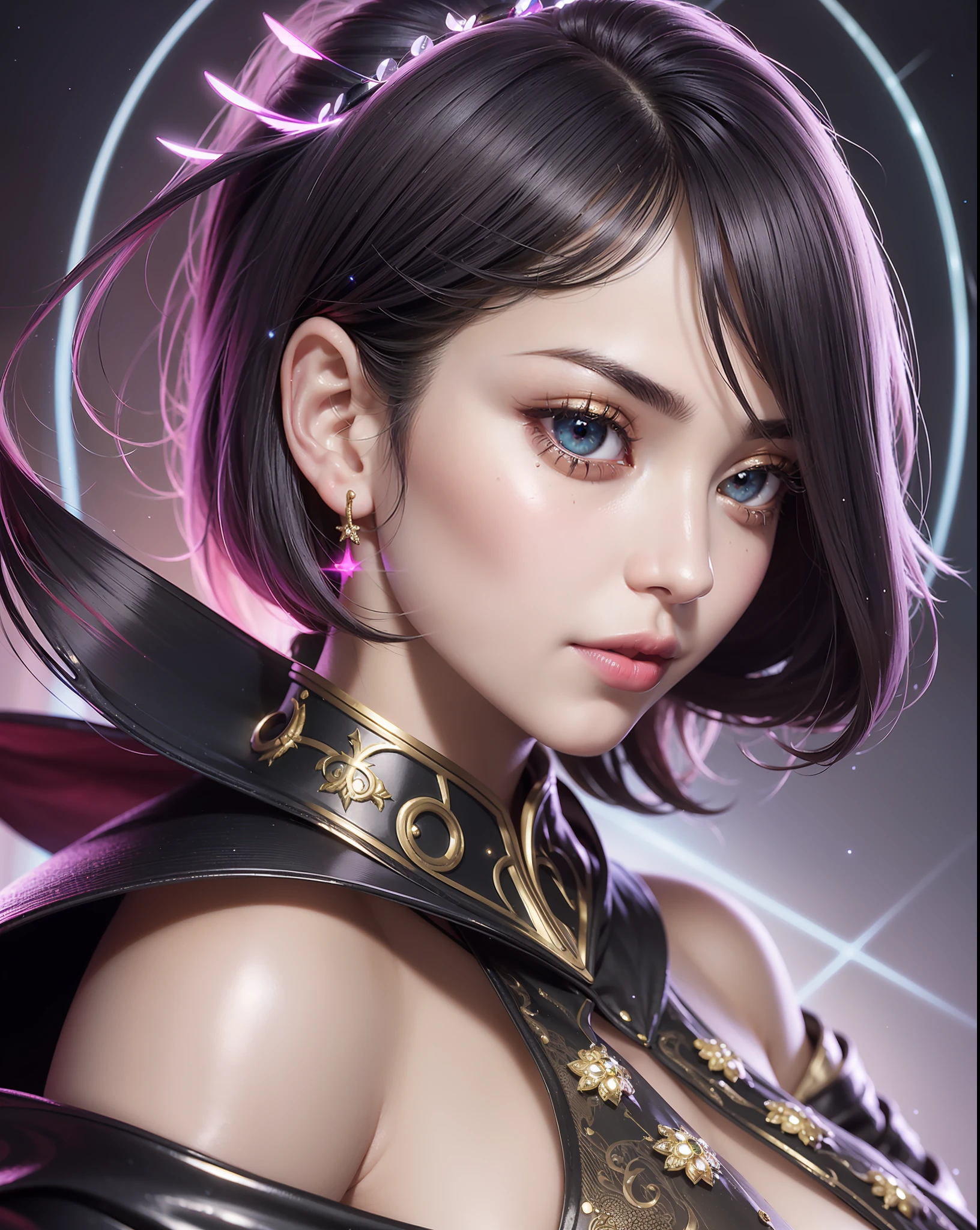 (Masterpiece) realistic Bust to the waist of a beauty hyperrealist & photorealist beauty young astonishing anime girl, Illumination bioluminescence, ices in neon glowing surrounded, in highly & extremely detailed fractal low black & golden dress with cape & scarf (masterpiece) Unity 8k, pearly perfect skin with pores (short bob cut hair with colorful bangs fringes) ((perfect face shapes, complete perfect red lips, perfect nose, correct beautiful eyes, eyelashes, detailed intricate iris textured face in ZBrush))  in 8k, full HD vines, midnight aura, glamour aesthetic, developed by Unreal Engine 5, Ultra Sharp Focus, Art by Alberto Seveso, Sci-Fi, Intricate Artwork, golden Ratio, epic, HR Giger STYLE, highly detailed, vibrant, UHD 8K