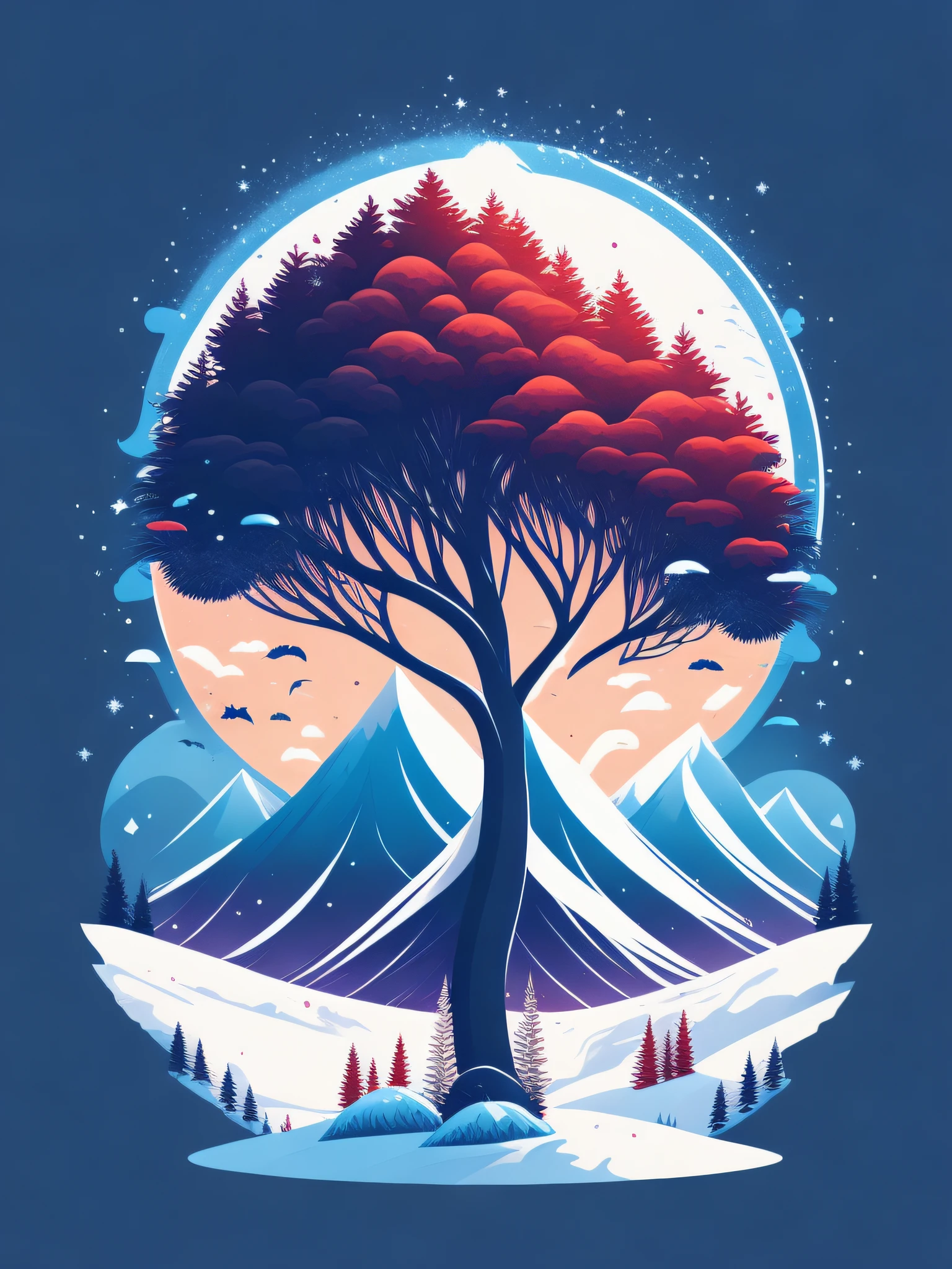 a spruice tree in a winter landscape, tshirt design, rzminjourney, vector-art