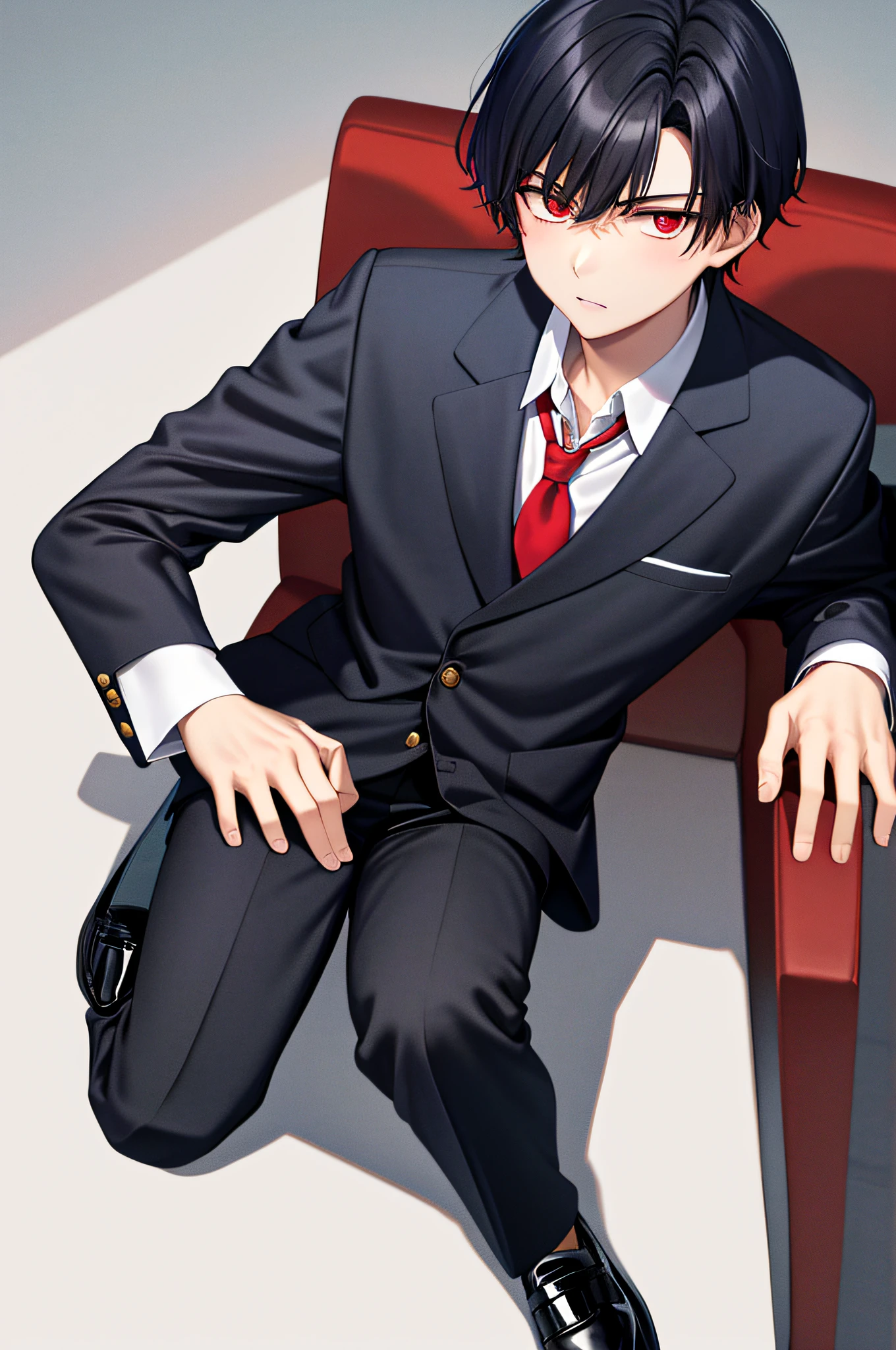 (masterpiece), (best quality), highres, 1boy, kiyotaka ayanokoji, 15 year old teenage boy, school uniform white shirt black jacket open jacket blue tie long black pants sitting, red eyes, short black hair, anatomically correct full body, has a jesus necklace around his neck, normal legs, wears black shoes, looking at the viewer, is sitting on a chair, He's inside a hotel, and he's completely depleted