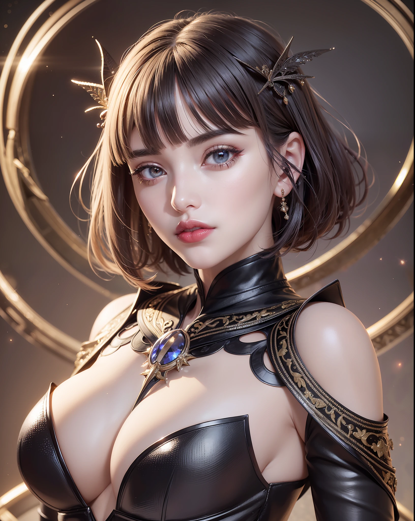 (Masterpiece) realistic Bust to the waist of a beauty hyperrealist & photorealist beauty young astonishing anime girl, Illumination bioluminescence, ices in neon glowing surrounded, in highly & extremely detailed fractal low black & golden dress with cape & scarf (masterpiece) Unity 8k, pearly perfect skin with pores (short bob cut hair with colorful bangs fringes) ((perfect face shapes, complete perfect red lips, perfect nose, correct beautiful eyes, eyelashes, detailed intricate iris textured face in ZBrush)) in 8k, full HD vines, midnight aura, glamour aesthetic, developed by Unreal Engine 5, Ultra Sharp Focus, Art by Alberto Seveso, Sci-Fi, Intricate Artwork, golden Ratio, epic, HR Giger STYLE, highly detailed, vibrant, UHD 8K