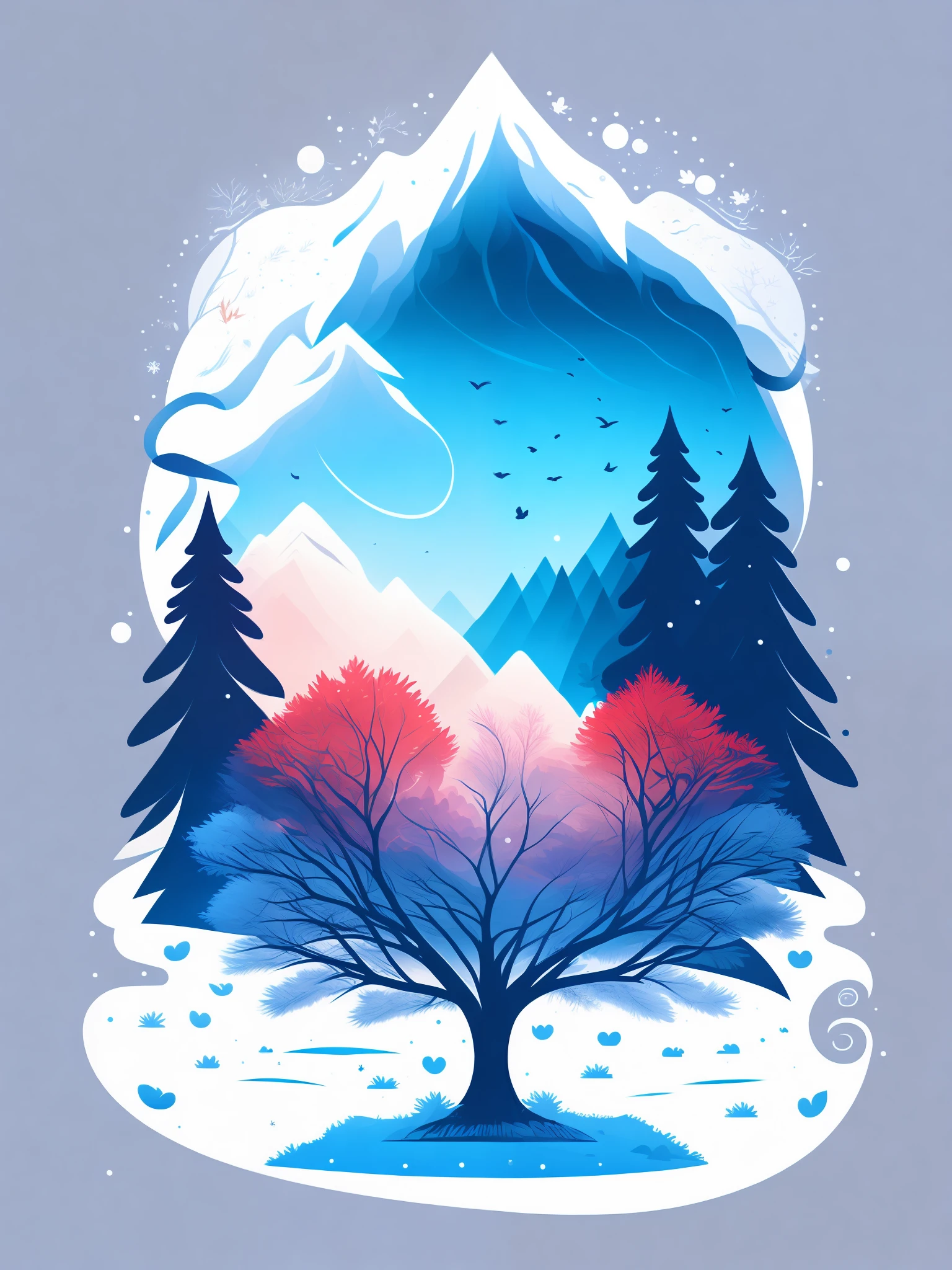 a spruice tree in a winter landscape, tshirt design, rzminjourney, vector-art