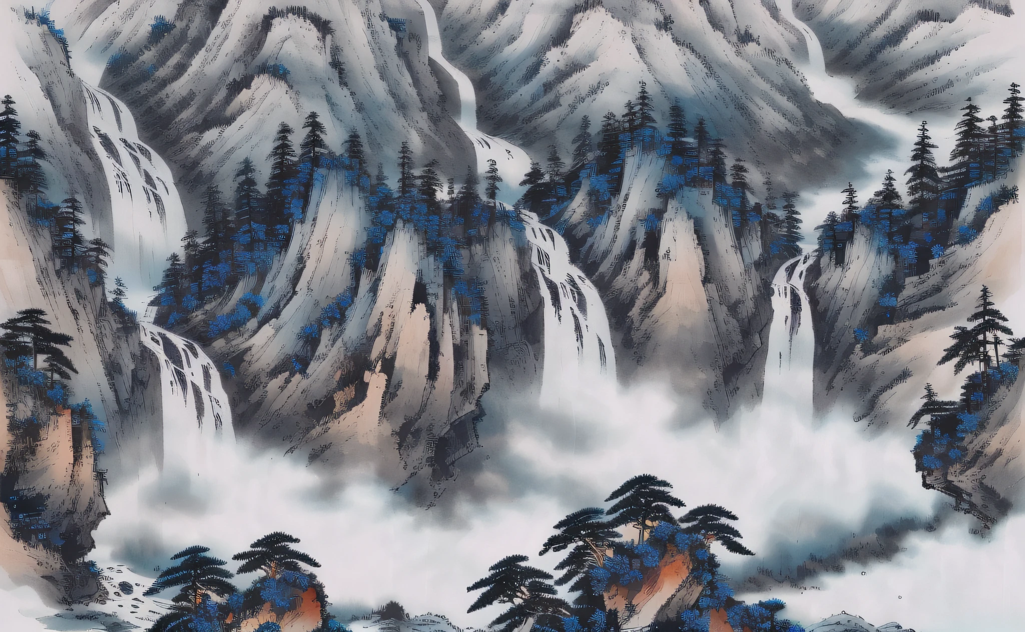 ((materpiece)), ((best quality)), ((high-res)),((extremly details)), ((Ink wash)),  ((artist)), a painting of longly mountain and pine_tree, branch, no_humans, outdoors, scenery, birds, waterfall, indigo paint, zulishisong_style_mountains