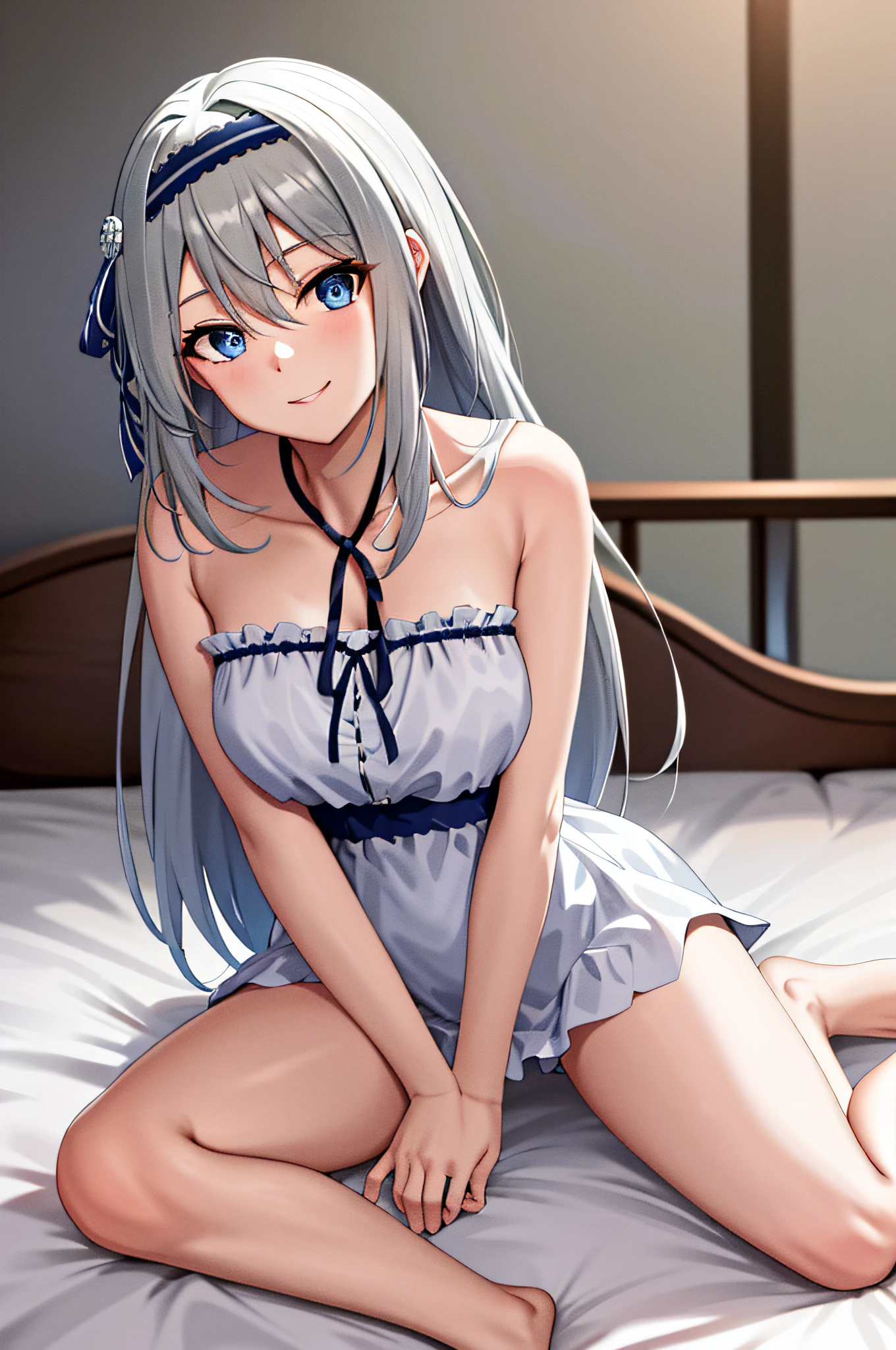 masterpiece, best quality, highres, kei1, 1girl, solo, blue eyes, long hair, (wears an attractive feminine lacery), ribbon, bangs, collarbone, gray hair, black hair band, neck ribbon, hair between eyes, medium breasts, cowboy shot, smile, anatomically correct full body, this inside a hotel room, this sitting on a bed with her legs open, has a lusty pose, complete escenario detallado