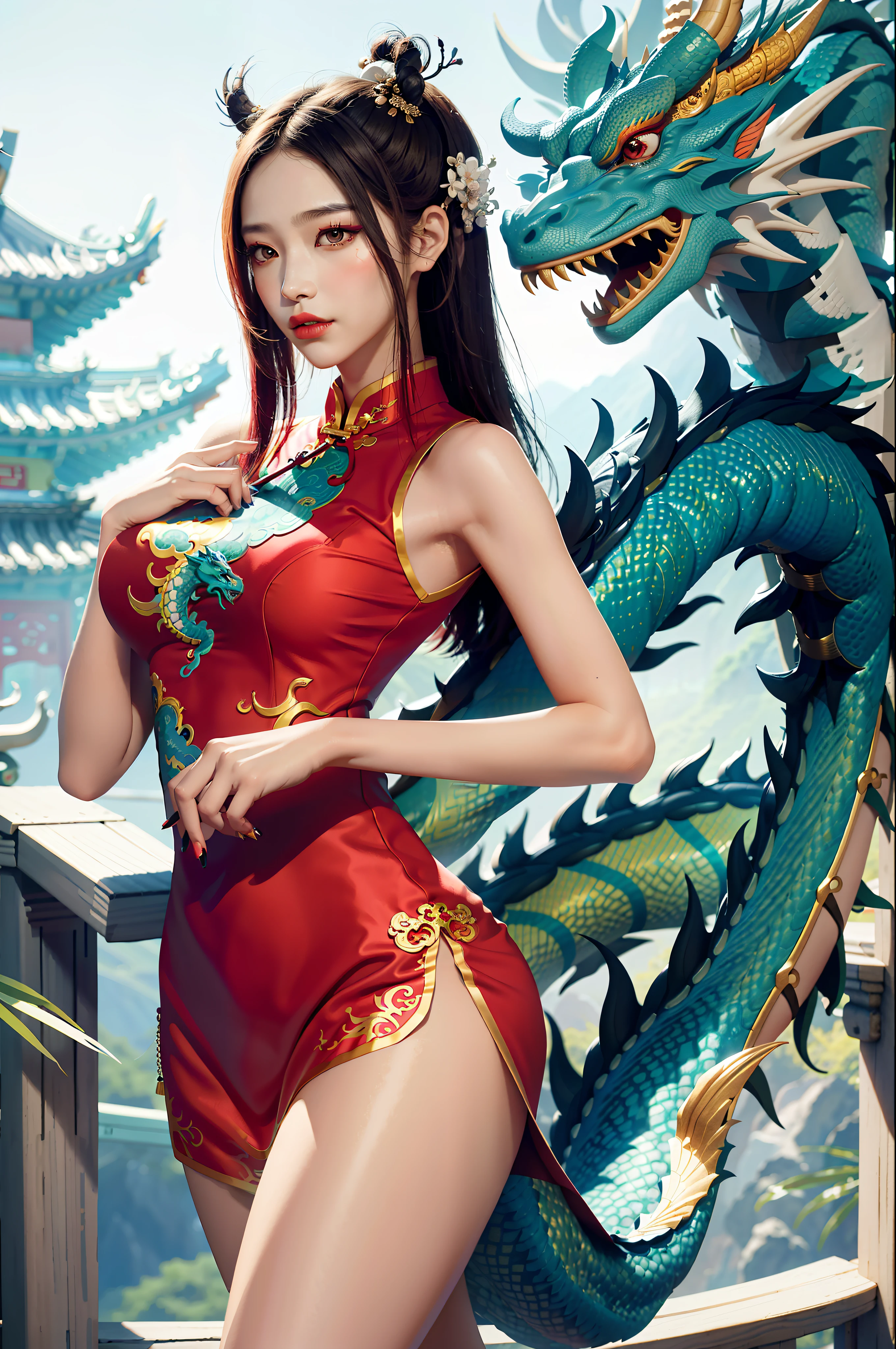 sfw, 8K original photo, best quality, masterpiece, super high resolution, film grain, film, 1girl,masterpiece,best quality,make friends with chinese dragon,fun,happy,bright,dragon,, natural skin texture, realistic eye and face details, full lips, lipstick, (makeup), red eyeshadow,ballhead, beautiful legs, tall woman, thin, slim_legs, solo, huge breasts, (colorful cheongsam), mythology, mythical beast dragon, chinese dragon, festive, chinese hairstyle, Shan Hai Sutra, perfect face, fine facial features, ((Korean face))