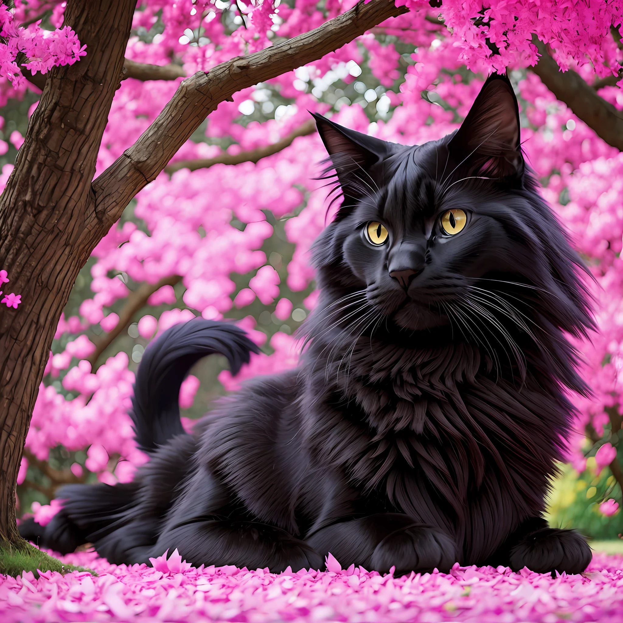 A long-haired black cat lying under a pink Ype tree, dilated pupils, Hyperrealism, Hyperrealism, Hyperrealism, Pixar, film grain, perspective, Sony FE, Canon, HD --auto --s2