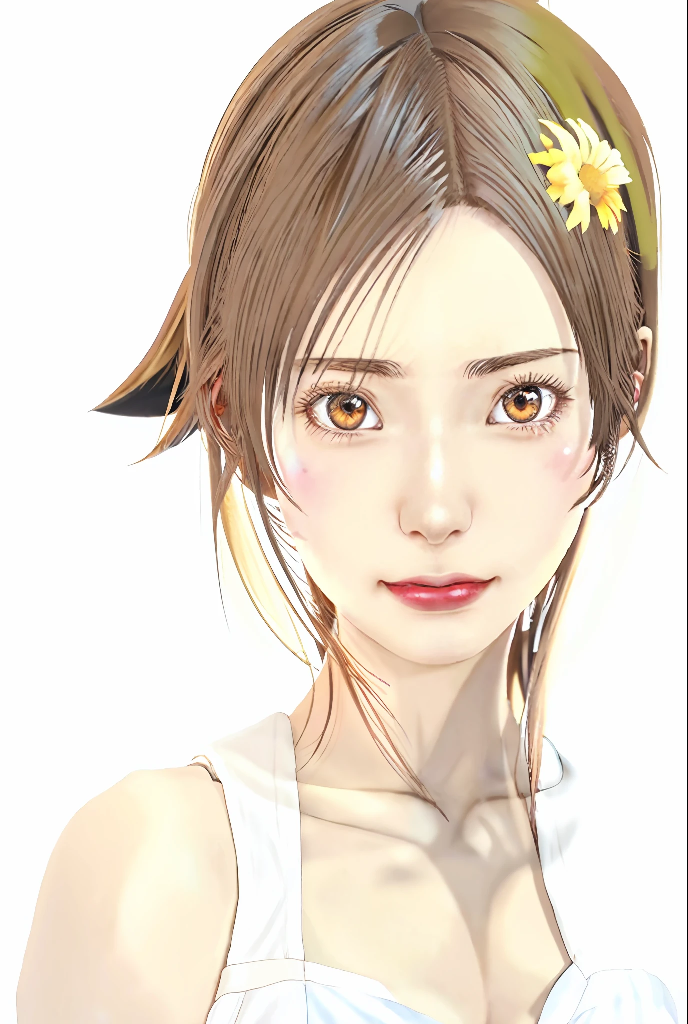 Anime image of a woman with a white dress, anime look of a young woman, Romanticism in anime movie, beautiful woman, female protagonist 👀 :8, Amaha Masane, antenna hair, witchblade, short hair, brown hair, yellow eyes, colored sclera, black sclera, a woman posing for an image, realistic 3D style anime, realistic 3D anime, seductive anime girl, attractive anime girl, render photorealistic anime girl, photorealistic perfect body, beautiful seductive anime woman, hyper realistic anime, realistic shaded perfect body, casual pose, 3d style anime, 3d anime girl, highly detailed anime, Amaha Masane, antenna hair, witchblade, short hair, brown hair, yellow eyes, colored sclera, black sclera, sensual and provocative look, looking at the viewer, staring seductively
