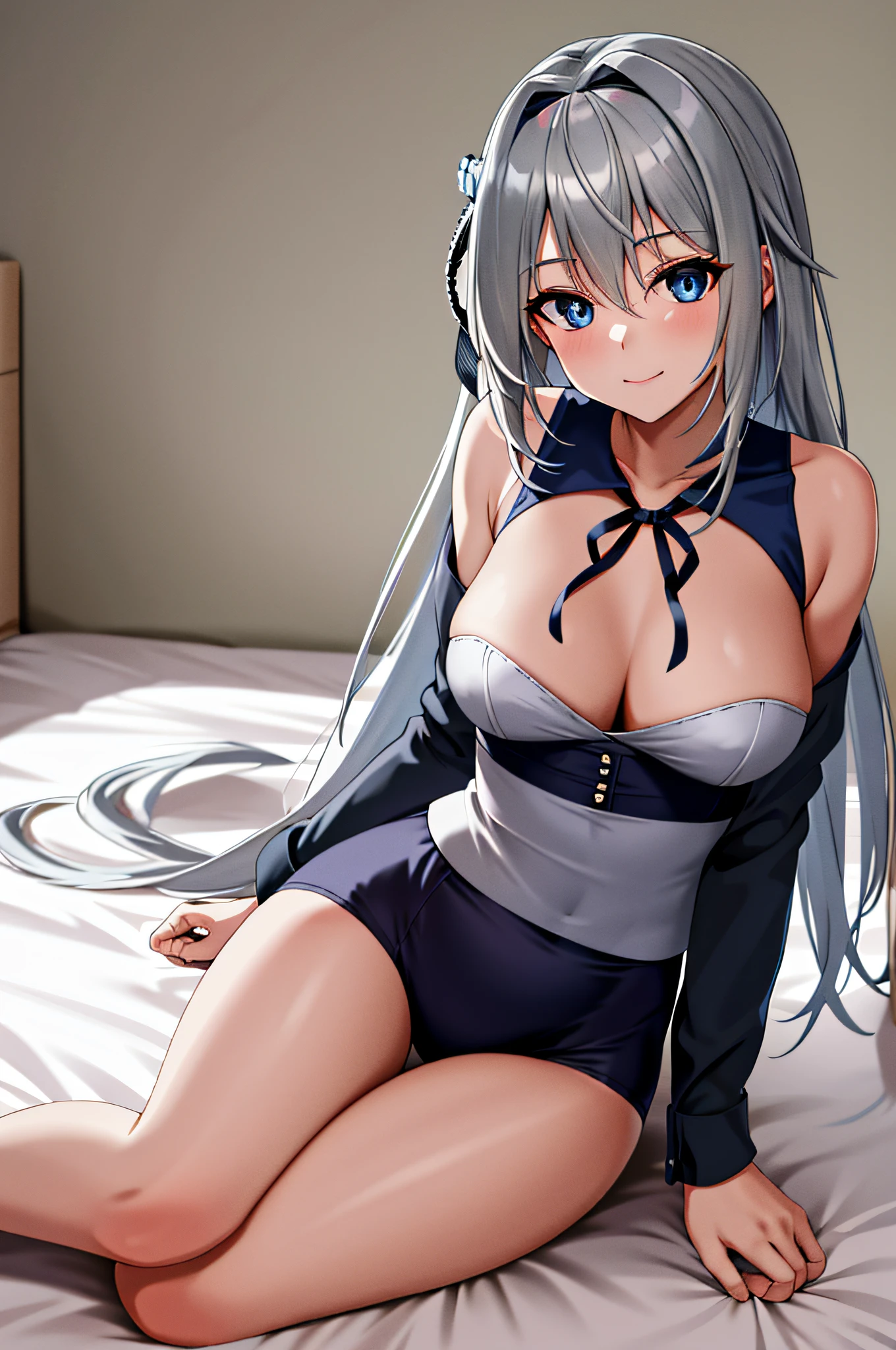 masterpiece, best quality, highres, kei1, 1girl, solo, blue eyes, long hair, (wears an attractive feminine lacery), ribbon, bangs, collarbone, gray hair, black hair band, neck ribbon, hair between eyes, medium breasts, cowboy shot, smile, anatomically correct full body, this inside a hotel room, this sitting on a bed with her legs open,  has a lusty pose, complete escenario detallado