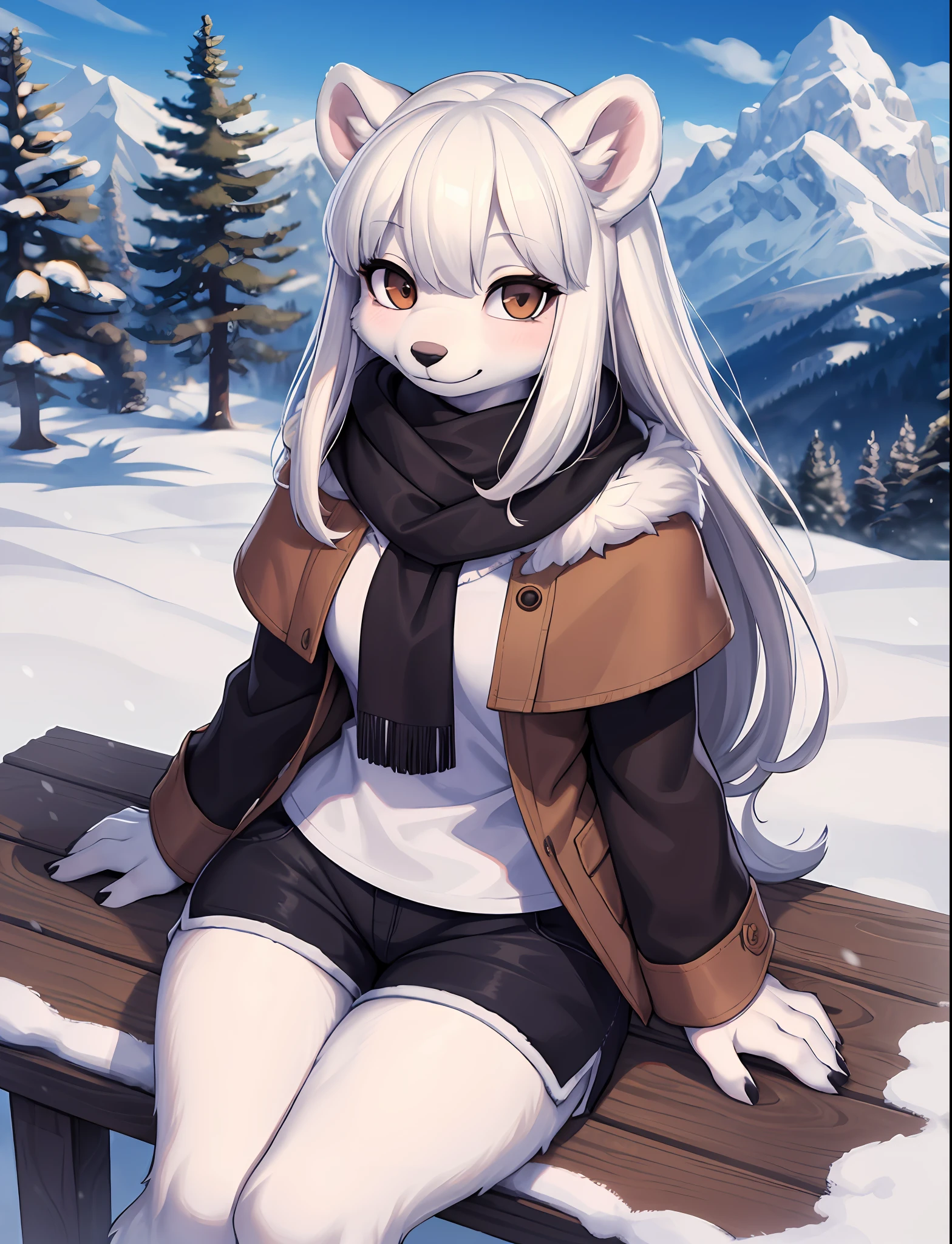 (hi res), ((masterpiece)) , ((best quality)), illustration, furry, furry female, Mammal, polar bear, ursid, ursine, anthro, black nose, brown eyes, day, evergreen tree, female, fur, mountains, pine tree, plant, scarf, scenery, sky, smile, snow, solo, long hair, white hair, white body, white fur, from above, sitting, shirt, shorts,