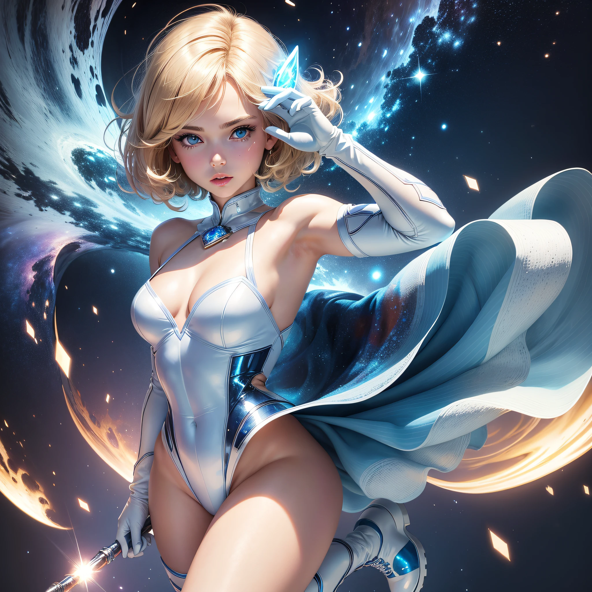 Absurd resolution, high resolution, (masterpiece: 1.4), super detailed, girl alone, from above, future, psychic powers, legend, universe, floating, blonde, petite, super short hair, space-time, (perfect body: 1.4), sparkly blue colored eyes, long boots, white and blue costume, gloves that are up to the elbows