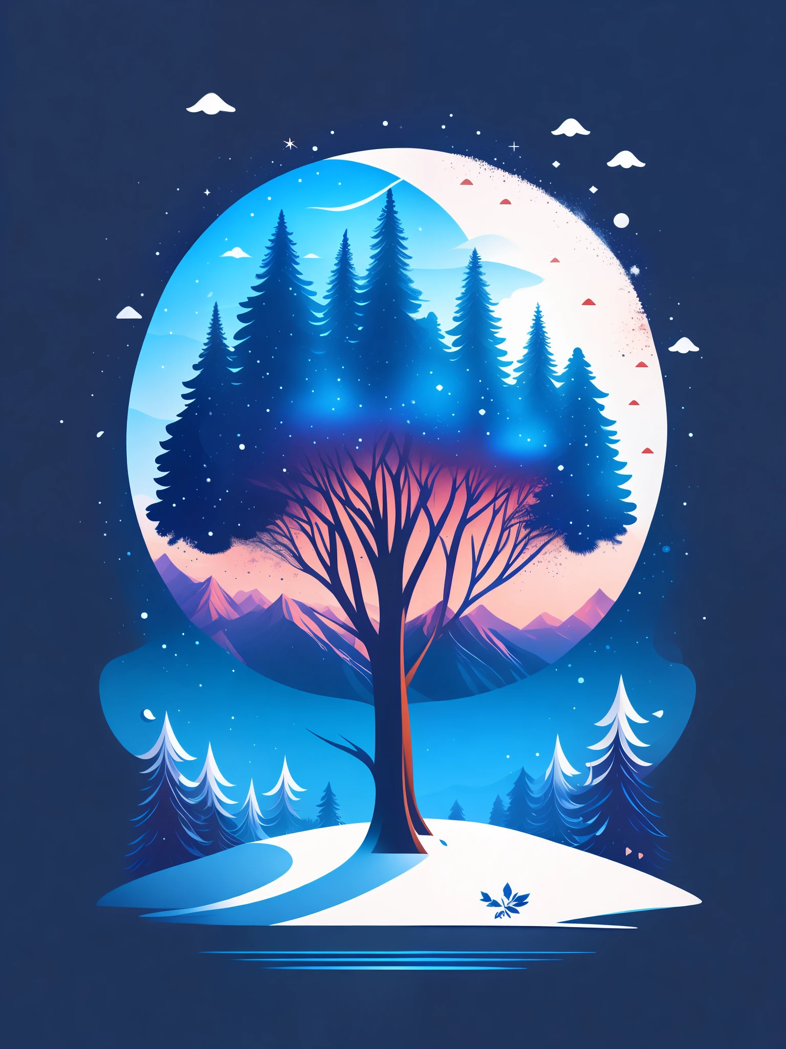a spruice tree in a winter landscape, tshirt design, rzminjourney, vector-art