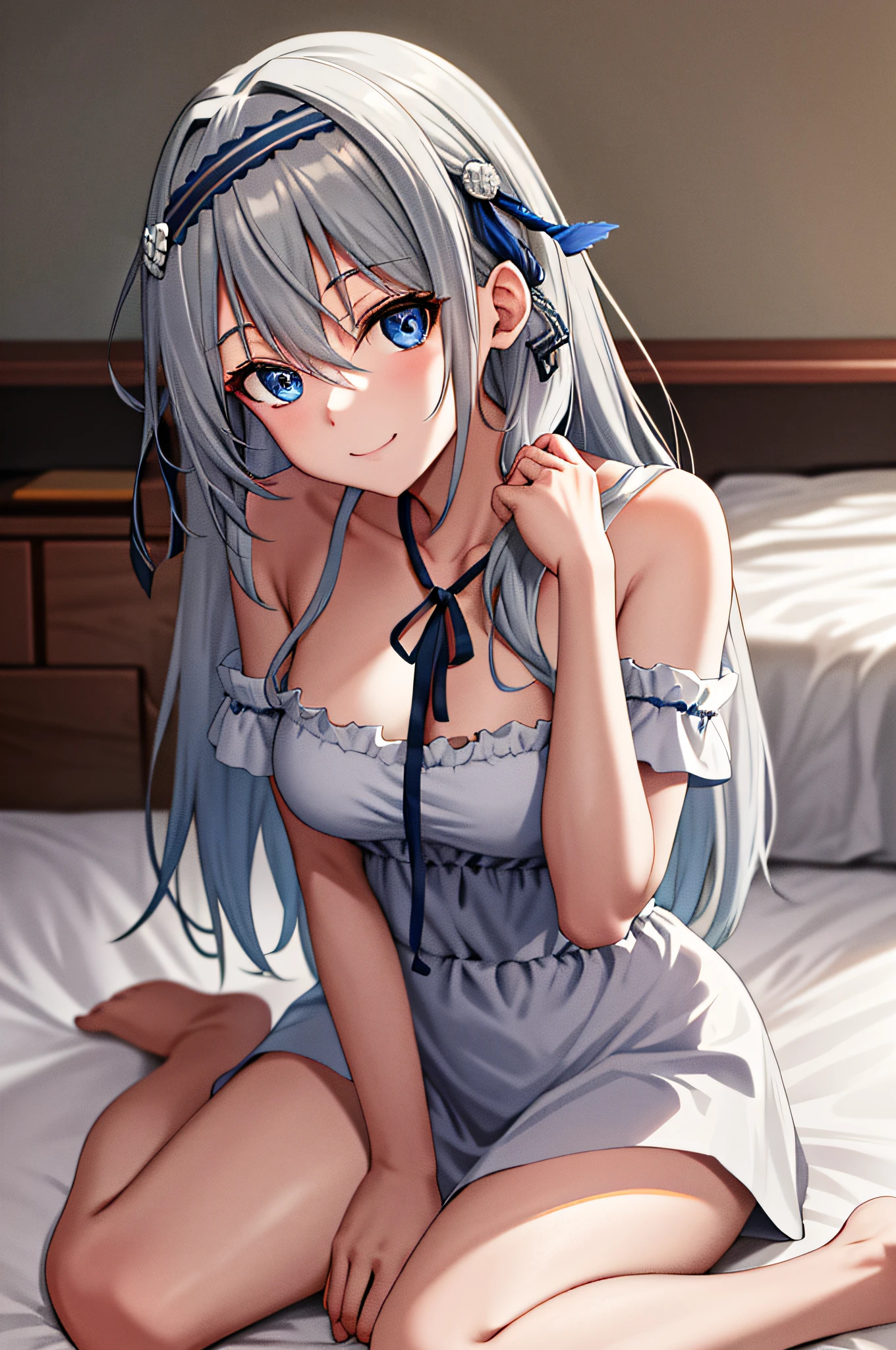 masterpiece, best quality, highres, kei1, 1girl, solo, blue eyes, long hair, (wears an attractive feminine lacery), ribbon, bangs, collarbone, gray hair, black hair band, neck ribbon, hair between eyes, medium breasts, cowboy shot, smile, anatomically correct full body, this inside a hotel room, this sitting on a bed with her legs open,  has a lusty pose, complete escenario detallado