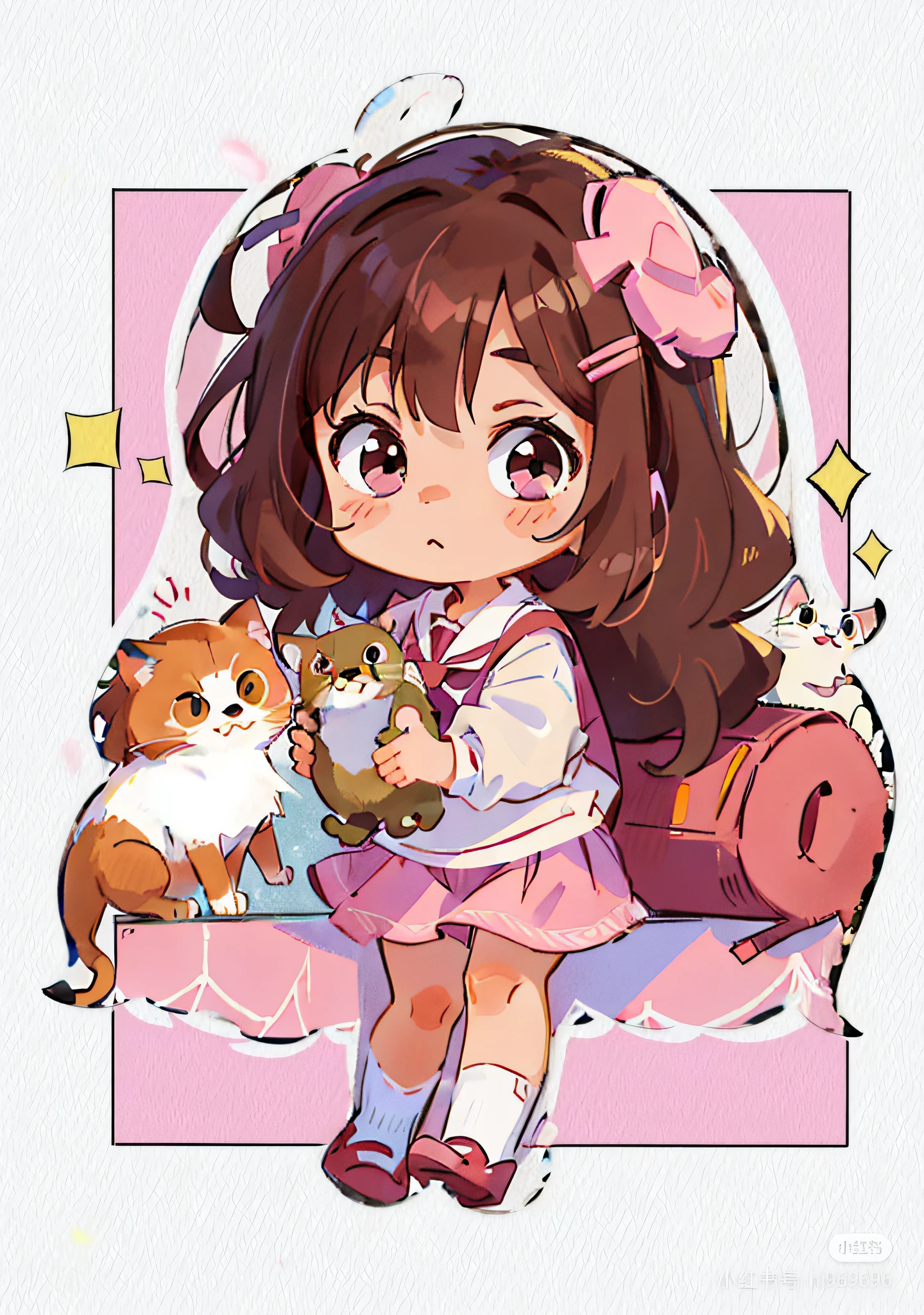 Cute cartoon girl with brown hair, wearing a cute pink school uniform with a cute cat next to her