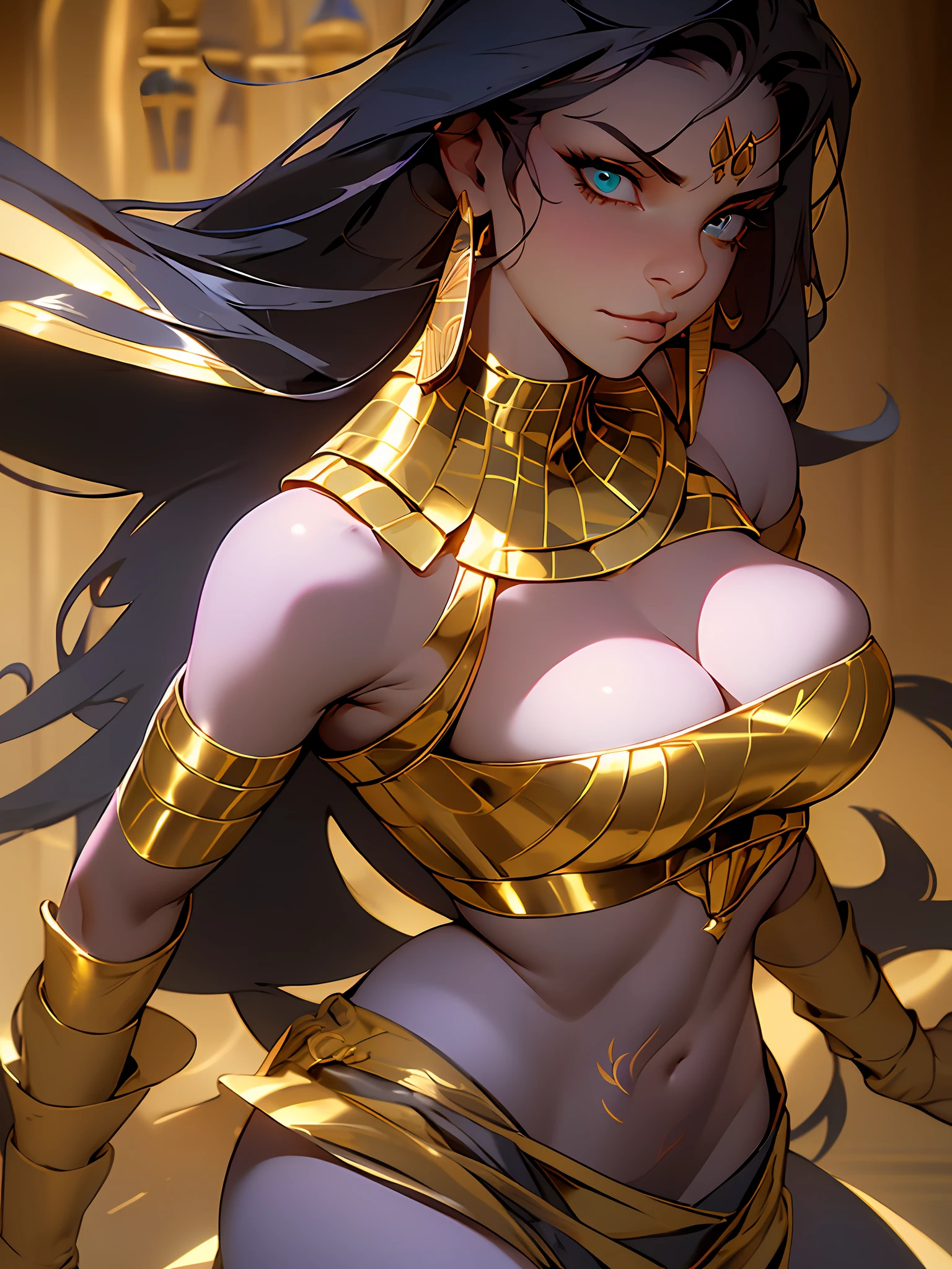 Masterpiece, best quality, flat color, 1girl, ((solo)), solo focus, arm tattoo, bracer, cleavage, medium breasts, long hair, navel, (Dark blue hair), purple skirt, solo, tattoo, thighs, toned, extremely detailed eyes, hands clasped in front position, masterpiece, best quality, absurdres, ultra-detailed, soft lighting, looking at viewer, egyptian servant girls, wide hips, mature female, medium breasts, curvy, shy, (Aqua eyes), (detailed (Black) harem outfit), gold egyptian jewelry, ((shoulders) purple egyptian tattoo), royal gold egyptian pyramid, dutch angle, multiple (egyptian) servant girls in background,