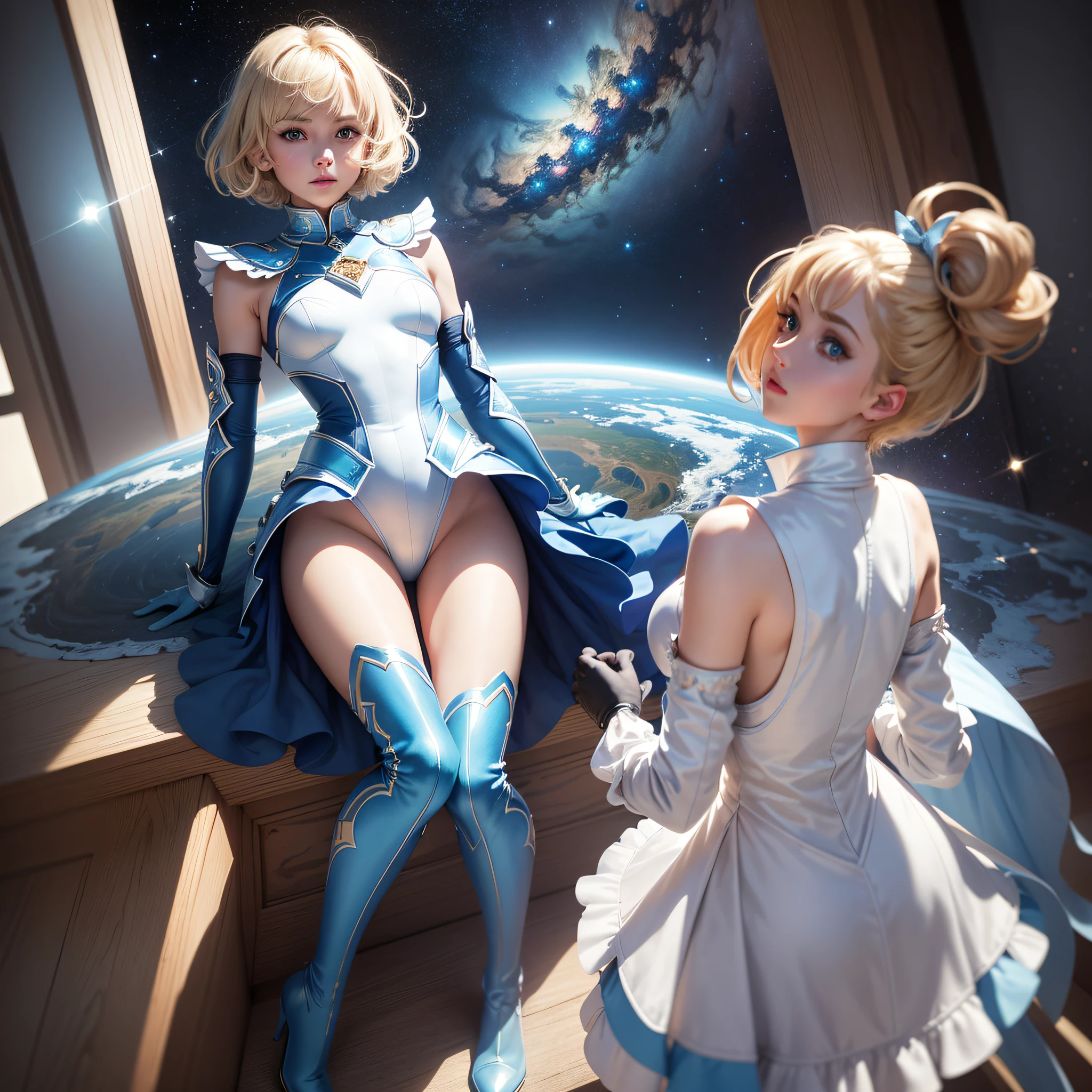 Absurd resolution, high resolution, (masterpiece: 1.4), super detailed, girl alone, from above, future, psychic powers, legend, universe, floating, blonde, petite, super short hair, space-time, (perfect body: 1.4), sparkly blue colored eyes, long boots, white and blue costume, gloves that are up to the elbows