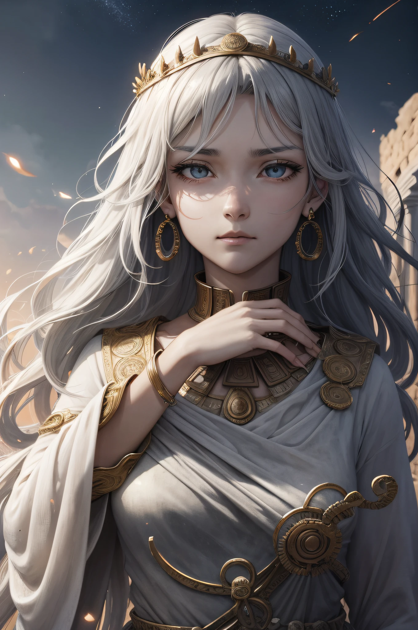 (absurd, high resolution, super detail), 1 woman, young, wavy long hair, gray hair, black eyes, bangs, long sleeves, fine eyes and fine face, highly detailed CG Unity 8k wallpaper, intricate details, looking down, solo, full body, detailed face, stoic expression, dynamic pose, flowing hair, classical period, (ancient roman theme: 1.1), Roman mythology, Roman Empire, Capua, ancient vineyards, oracles, headlands, iron accessories, ancient theme, (thriving civilization: 1.1), pristine white marble, (intact: 1.1) marble buildings, background hills, braziers, burning embers, night, darkness, stars, aura of light, majestic atmosphere, floating stone particles, , portraits, wind swirl