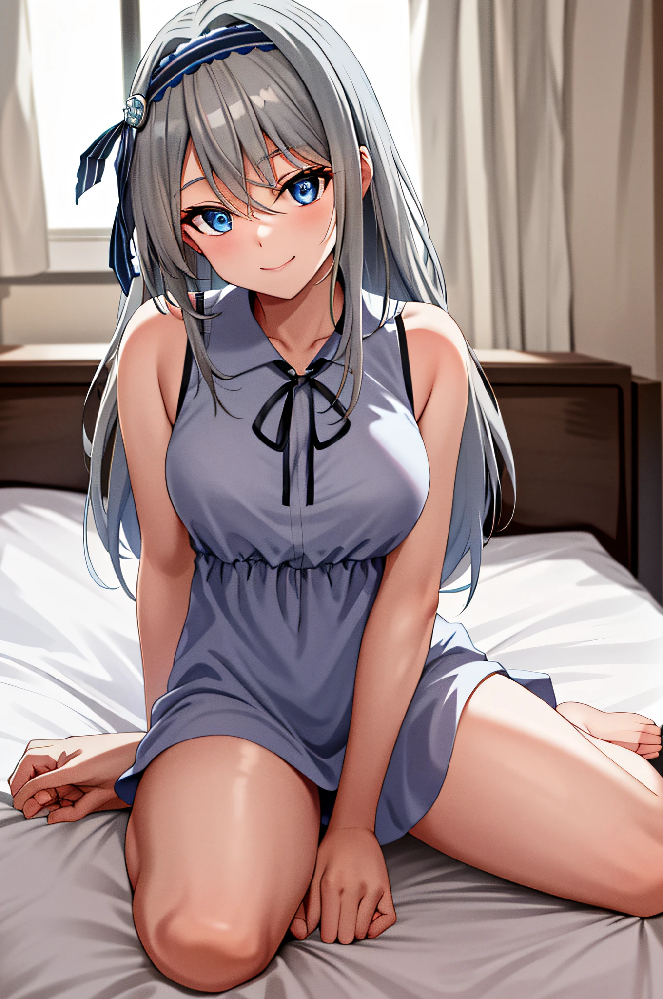 masterpiece, best quality, highres, kei1, 1girl, solo, blue eyes, long hair, (wears an attractive feminine lacery), ribbon, bangs, collarbone, gray hair, black hair band, neck ribbon, hair between eyes, medium breasts, cowboy shot, smile, anatomically correct full body, this inside a hotel room, this sitting on a bed with her legs open,  has a lusty pose, complete escenario detallado