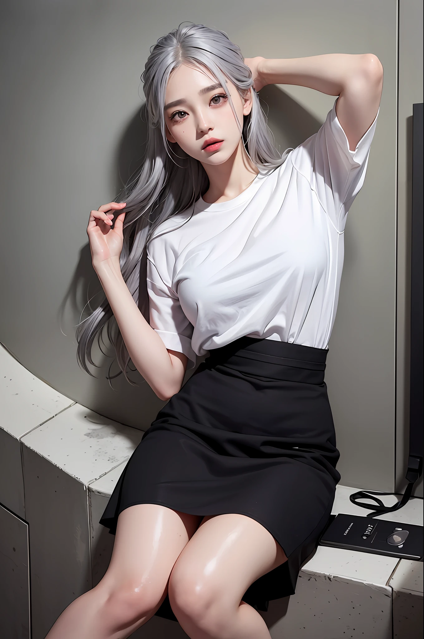 photorealistic, high resolution, 1 girl, gray hair, korean, heterochromic eyes, small moles under eyes, big, midsummer, sweat, wet, fitted white shirt, black skirt