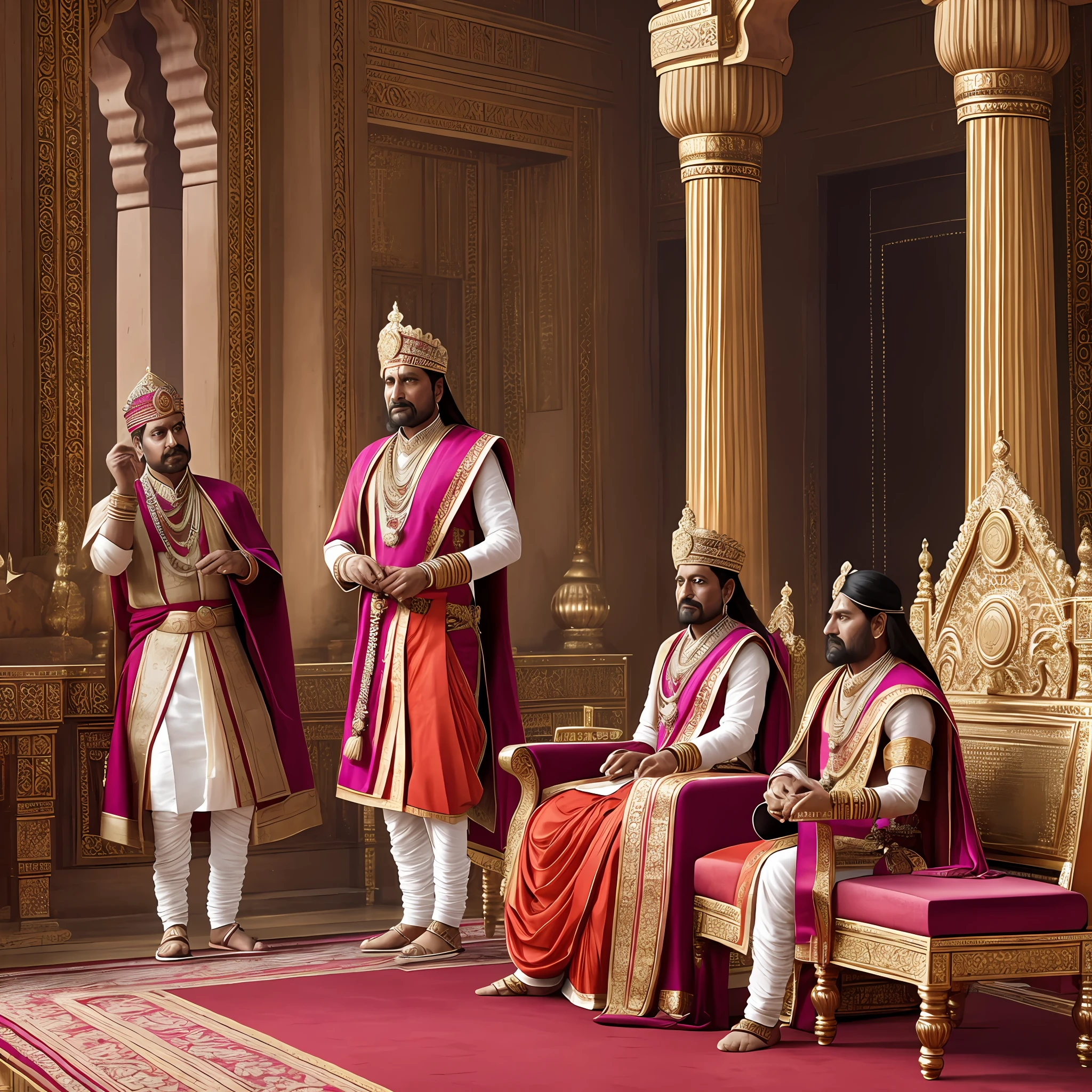 Indian King Realistic Photo The king is sitting on the throne, Apsaras are dancing in front of him and the royal court is in court Real Ultraviolet HD photo --auto --s2