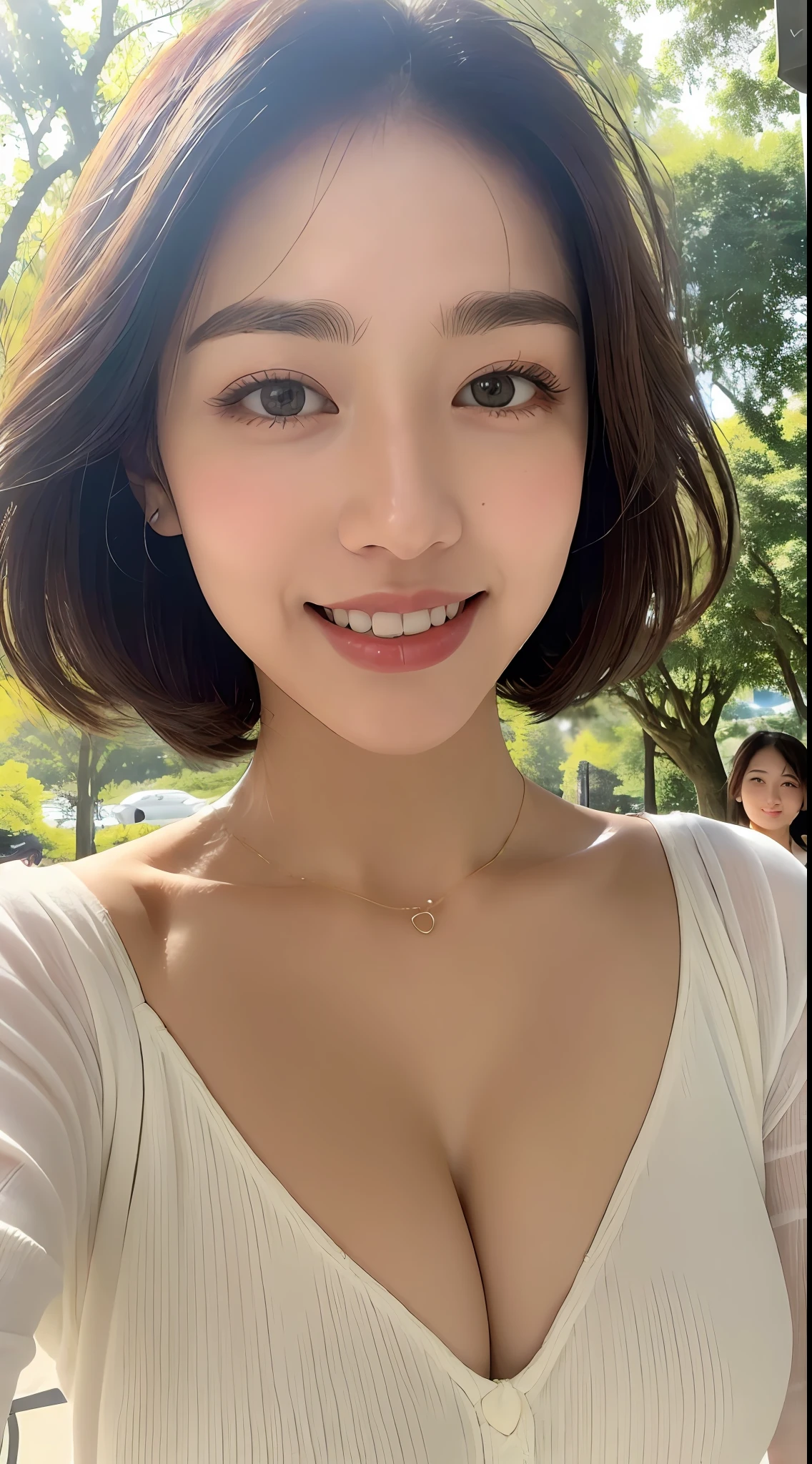 ((Best Quality, 8K, Masterpiece: 1.3)), Upper Body (1.3), Colossal (5), Outstanding Style, Gentle Face, Parallel Eyebrows, Smile, Natural Makeup, Clothes that emphasize cleavage, During the morning commute, Refreshing, Eat lunch at a café in the sun through the trees, short hair