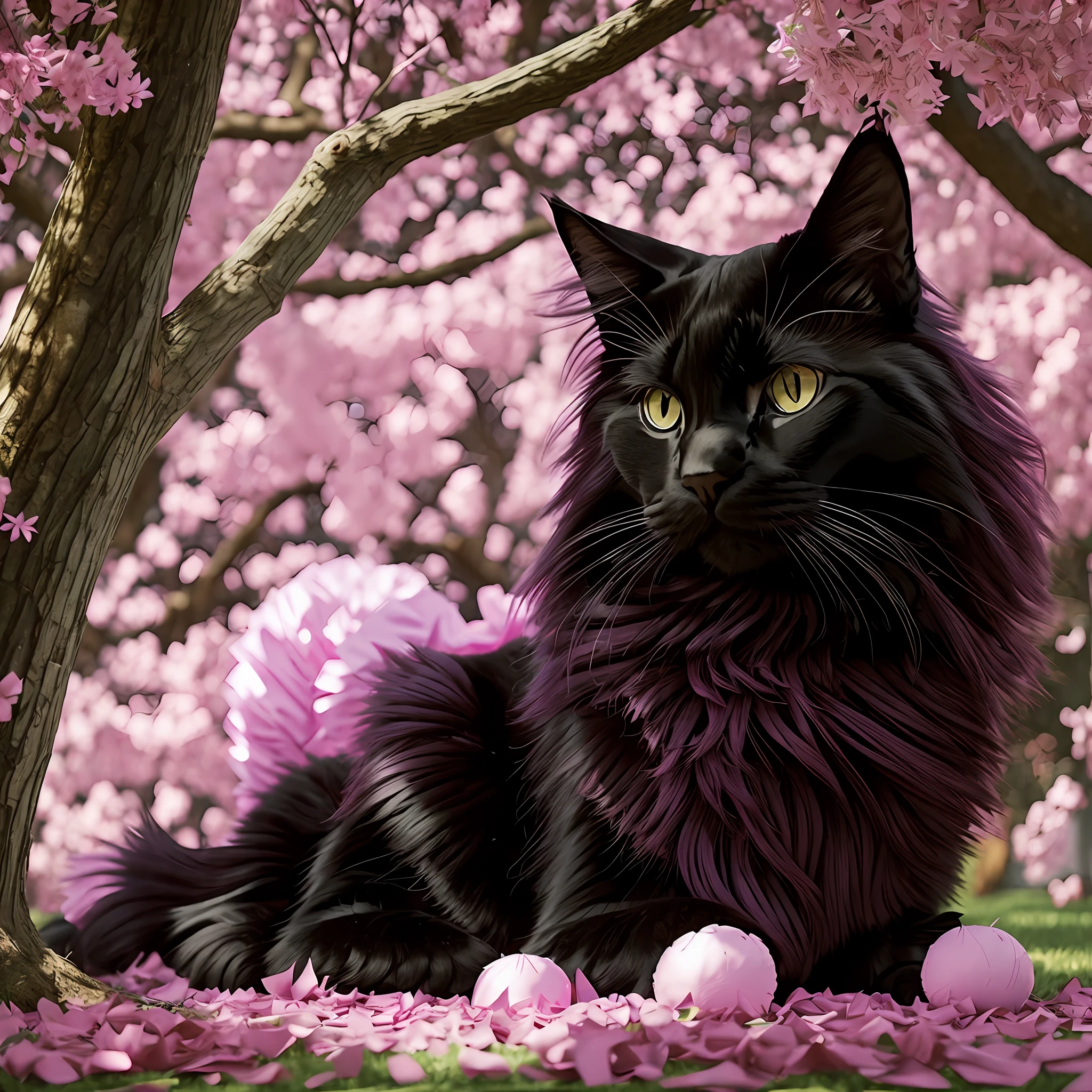 A long-haired black cat lying under a pink Ype tree, dilated pupils, Hyperrealism, Hyperrealism, Hyperrealism, Pixar, film grain, perspective, Sony FE, Canon, HD --auto --s2