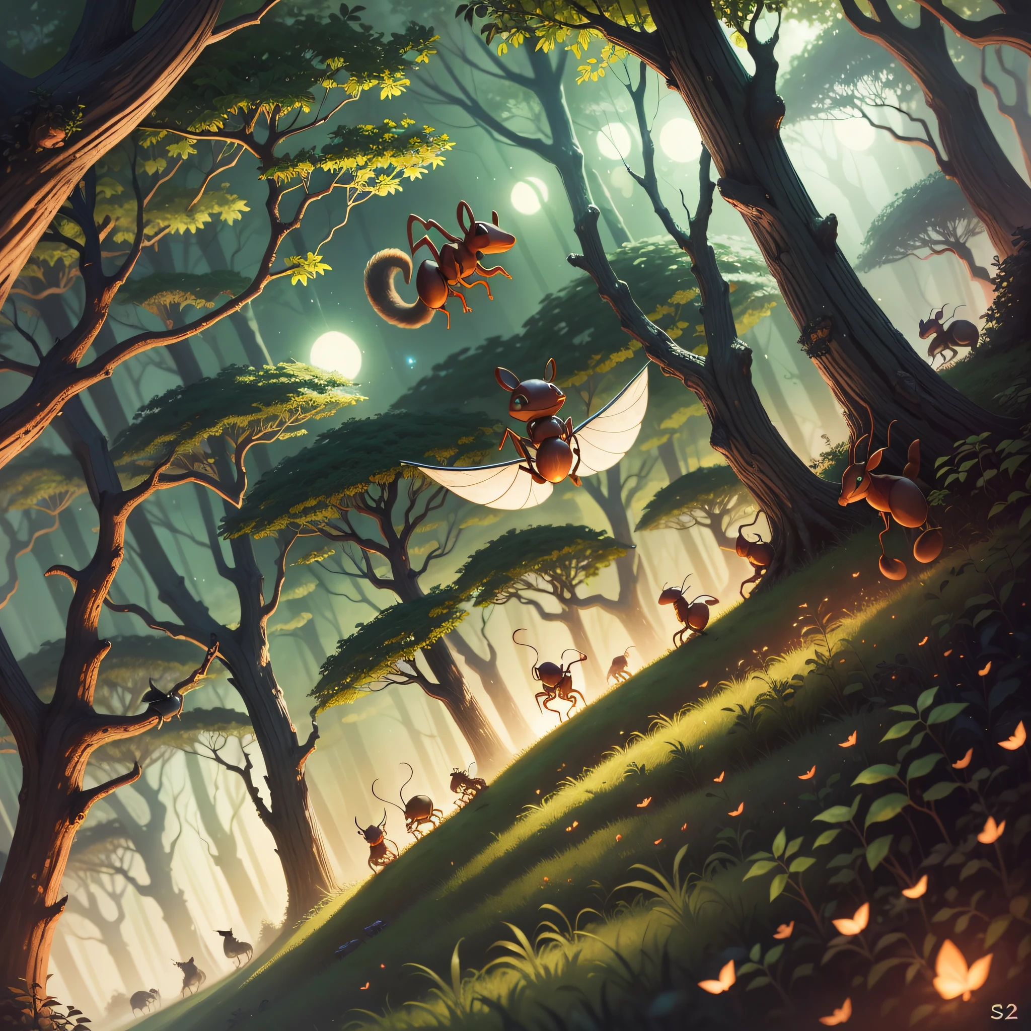 animal ants, flying in the dark forest, enchanted world --auto --s2