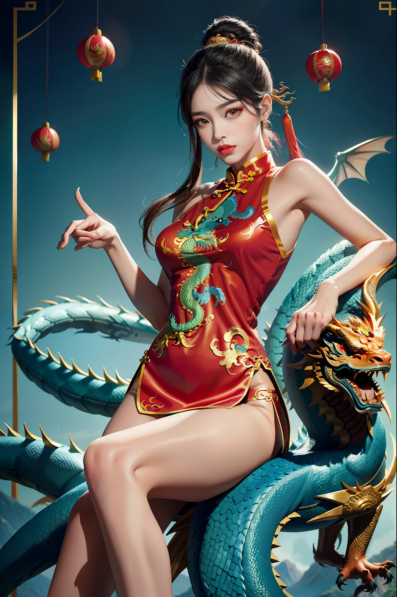 sfw, 8K original photo, best quality, masterpiece, super high resolution, film grain, film, 1girl,masterpiece,best quality,make friends with chinese dragon,fun,happy,bright,dragon,, natural skin texture, realistic eye and face details, full lips, lipstick, (makeup), red eyeshadow,ballhead, beautiful legs, tall woman, thin, slim_legs, solo, huge breasts, (colorful cheongsam), mythology, mythical beast dragon, chinese dragon, festive, chinese hairstyle, Shan Hai Sutra, perfect face, fine facial features, ((Korean face))