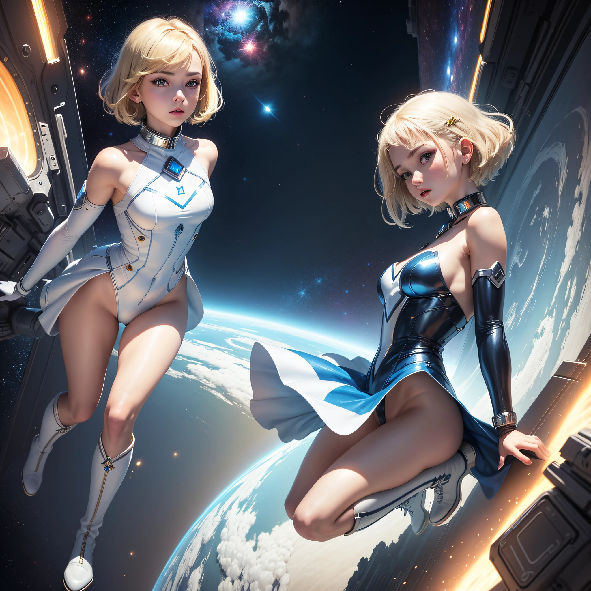 Absurd resolution, high resolution, (masterpiece: 1.4), super detailed, girl one, from above, futuristic, psychic powers, legend, universe, floating, blonde, petite, short hair, space-time, long boots, white and blue costume, elbow-length gloves