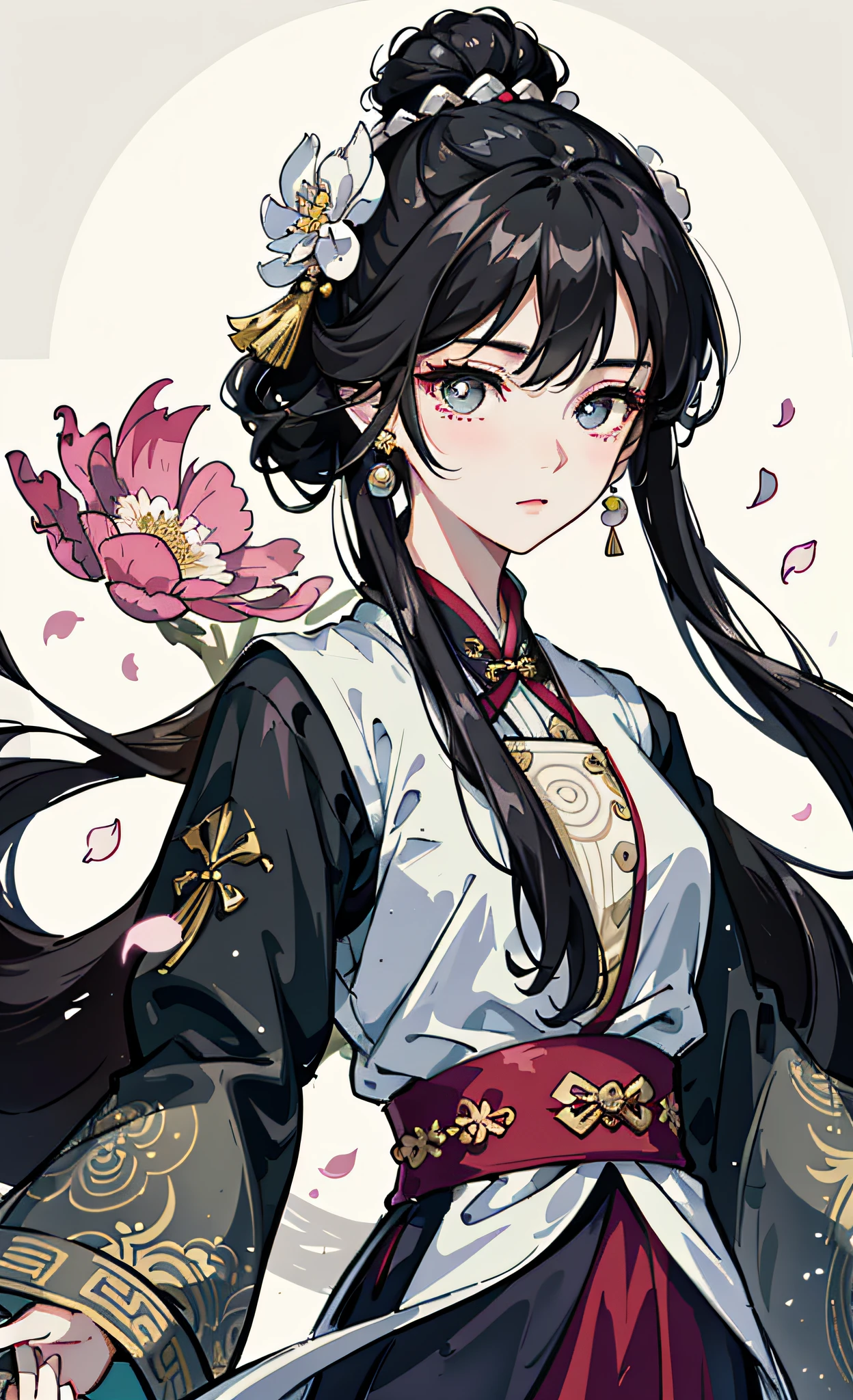 Mature girl , black hair, floating hair, delicate and smart eyes, starry pupils, intricate damask hanfu, gorgeous accessories, wearing pearl earrings, FOV, f1.8, masterpiece, complex scene, flower petals flying, front portrait shot, Chang'e