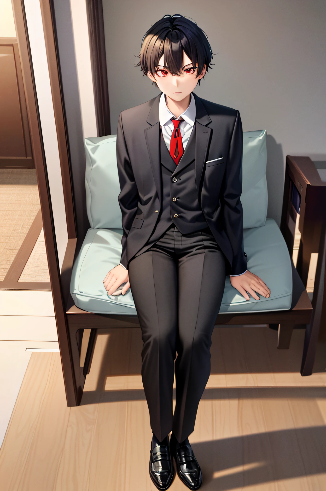 (masterpiece), (best quality), highres, 1boy, kiyotaka ayanokoji, 15 year old teenage boy, school uniform white shirt black jacket open jacket blue tie long black pants sitting, red eyes, short black hair, (full body anatomically correct), has a necklace of jesus on the neck, normal legs, wears black shoes, looking at the viewer, is sitting on a chair, it is inside a hotel, (complete escenario detallado), (no drawing errors can take a while not to cause error)