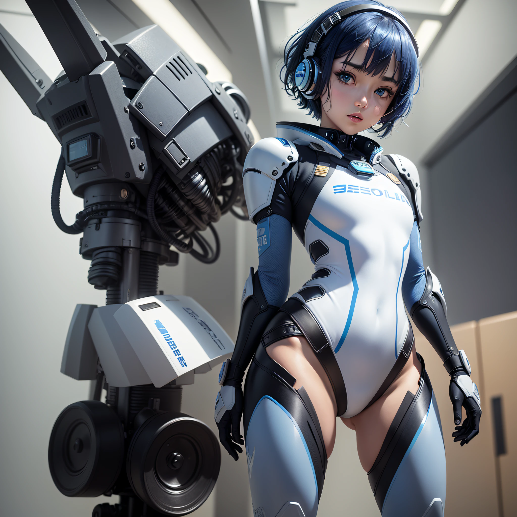 (masterpiece, highest quality, highest resolution, distinct_image, detailed details): (Solo, lone girl, face is Japan person, short cut, blue-haired girl, full body figure, (perfect body: 1.4), sparkly blue color eyes, white and blue, black color pilot suit, tight fit clothes, clothes that cover the whole body, very delicate and beautiful, detailed skin, slim body, exoskeleton, Heroine, headset, boots)