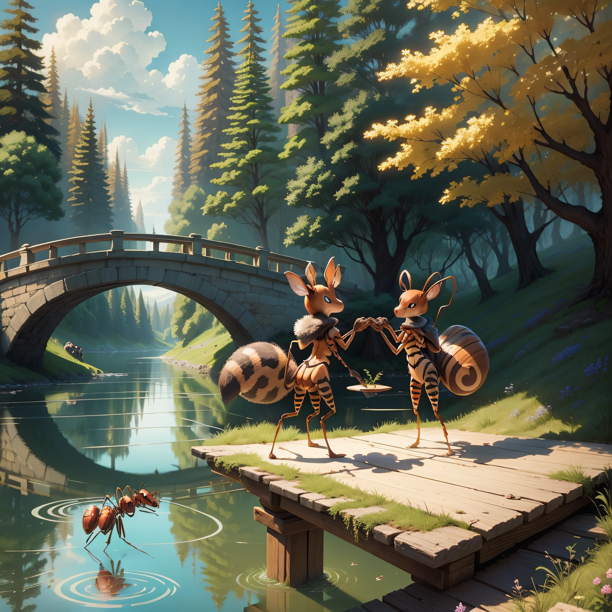 Animal, two ants fighting, enchanted world, on the lake bridge --auto --s2