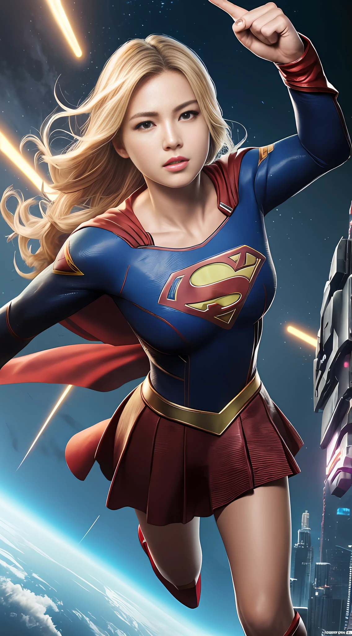 ((Best quality)), ((Supergirl's masterpiece)), (highly detailed:1.3), 3D, beautiful, (cyberpunk:1.2), in space, nebulous, holding_weapon, laser, (1Female Mecha:1.3), sexy body, facing audience, bright blue eyes, full body, (flying, descending, dynamic, motion blur: 1.4), (huge mecha wings: 1.6), looking up, glowing_eyes, mecha, panorama, background is earth, nebula, Space, Particles, Reality, HDR (High Dynamic Range), Ray Tracing, NVIDIA RTX, Super Resolution, Unreal 5, Subsurface Scattering, PBR Textures, Post-Processing, Anisotropic Filtering, Depth of Field, Maximum Clarity and Clarity, Multilayer Textures, Albedo and Specular Maps, Surface Shading, Accurate Simulation of Light-Material Interaction, Perfect Proportions, Octane Render, Two-Tone Lighting, Large Aperture, Low ISO, White Balance, rule of thirds, 8K RAW, efficient sub-pixel, sub-pixel volume product, (best quality), (American: 0.5), (blonde: 0.8), (Liu Yi Fei: 1.5) long blonde hair, (big chest: 1.2) s of superman on chest