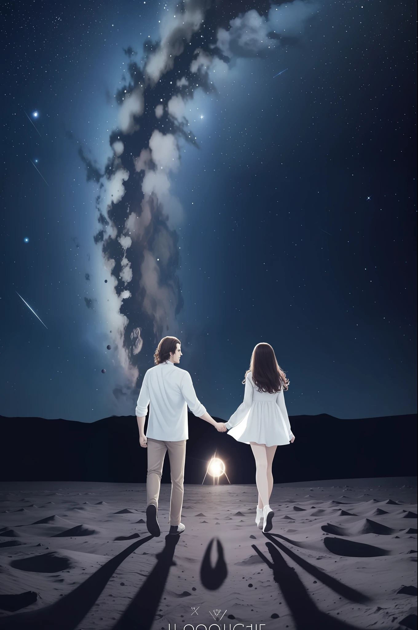 Lovers walking on the moon and contemplating the vast outer space with stars, comets, and other planets in the background, very well detailed sky, masterpiece, best quality, ultra-detailed, floating scene, light white clothes, loose hair, lightly embraced air, soft light, happy and optimistic feelings.