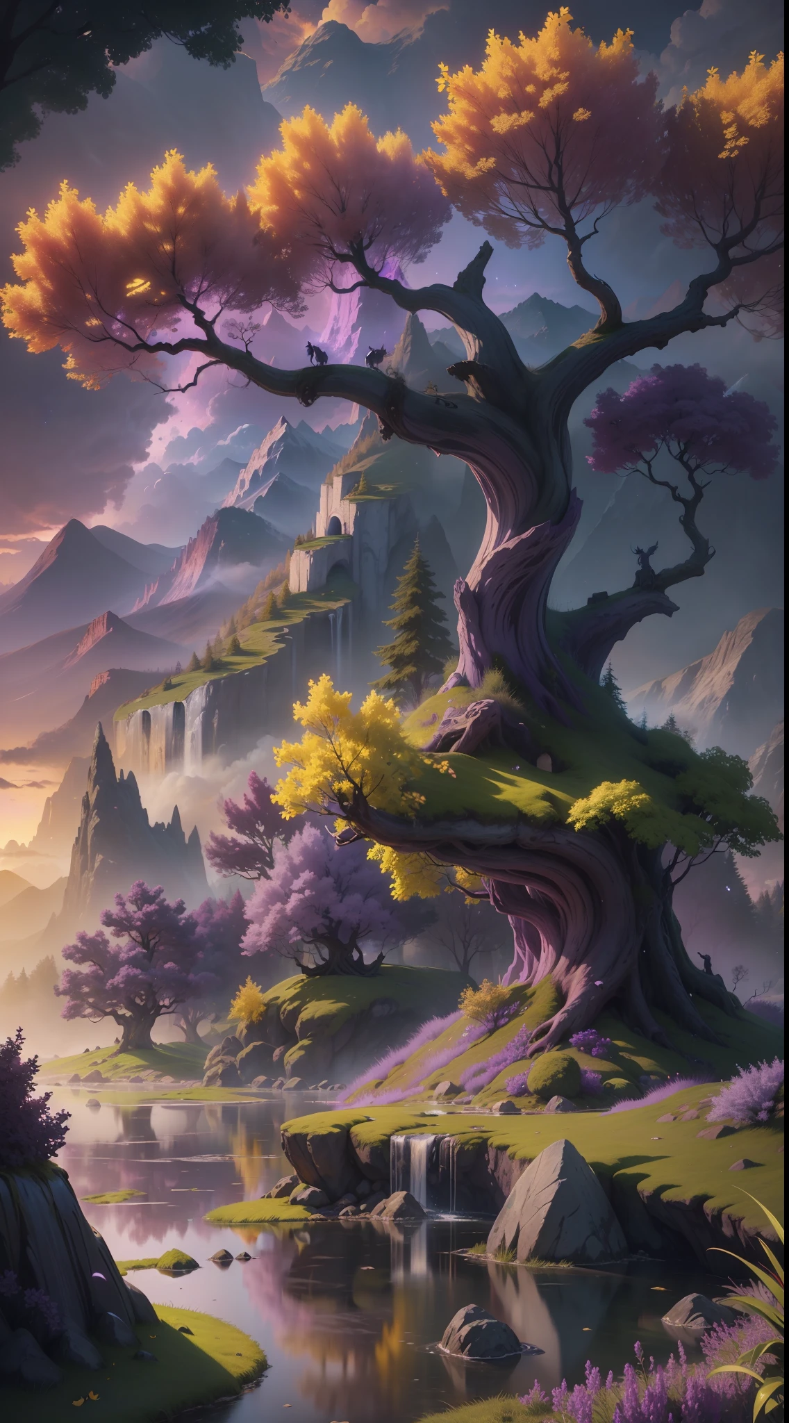 extremely detailed 8k wallpaper, subsurface scattering, dramatic lighting, magical medieval fantasy setting, natural landscape of lilac tree trunks, yellow leaves, floating rocks with waterfalls gushing out of them, purple sky with three moons, one of each color in the skies , unicorns grazing near the horizon