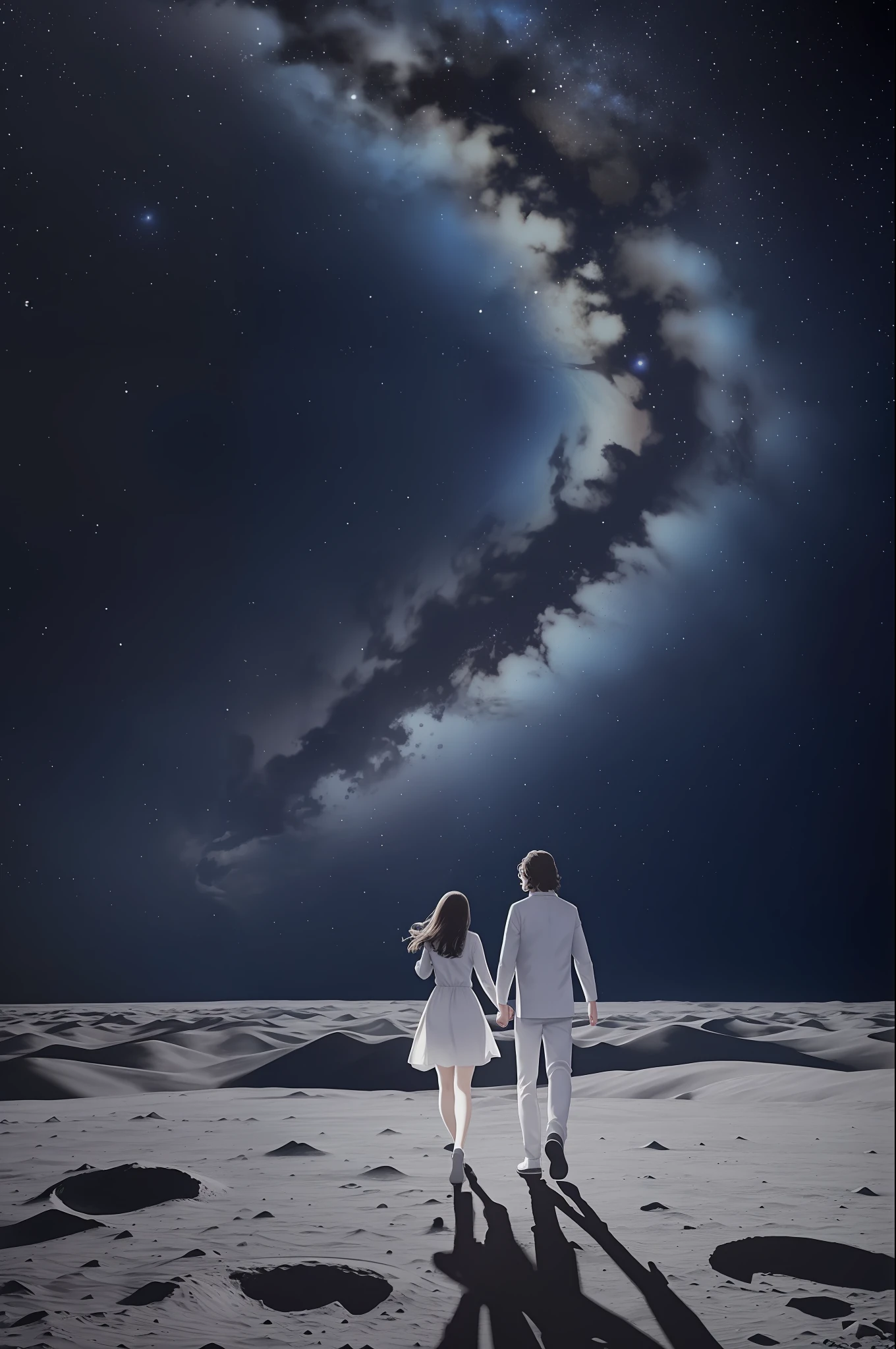 Lovers walking on the moon and contemplating the vast outer space with stars, comets, and other planets in the background, very well detailed sky, masterpiece, best quality, ultra-detailed, floating scene, light white clothes, loose hair, lightly embraced air, soft light, happy and optimistic feelings.