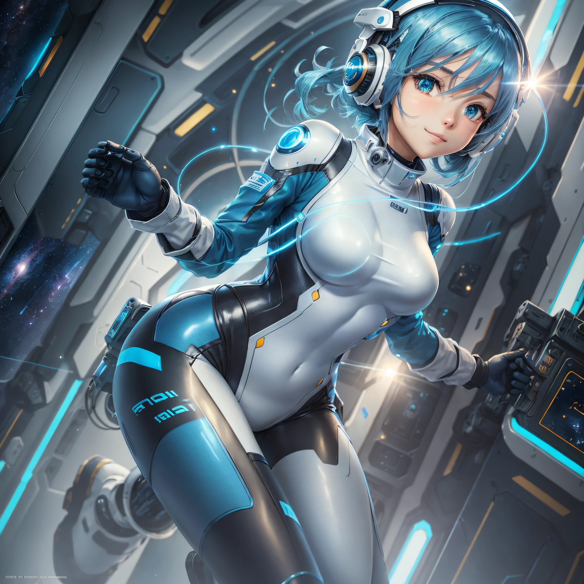 Full body, blue hair, blunt van, masterpiece, top quality, official art, album art, very elaborate CG Unity 8K wallpaper, lone girl, Japan girl, full body, super high resolution, (photorealistic: 1.4), dynamic angle, dynamic pose, mystical power, floating particles, reflection, so cute, sparkling blue color eyes, golden hour lighting, Pilot suit in white and blue and black colors, tight fitting clothes, full-body covering clothes, knee boots, (puffy eyes), viewer looking, front-facing, beauty, medium breasts, shirt lift, metal wire, slim body, arm-length gloves, anime heroine, gentle smile, headset, helmet, detailed robot cockpit, super futuristic space --auto --s2