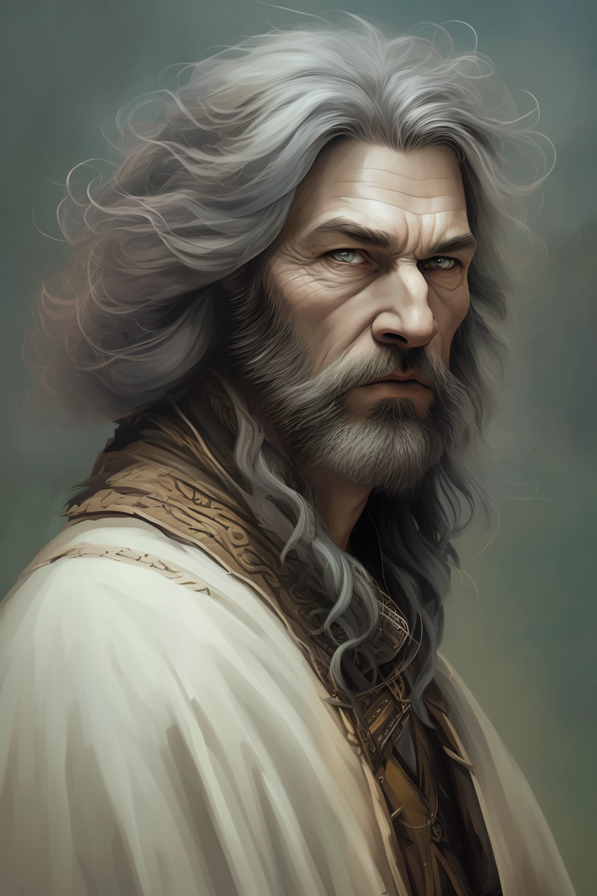 High Angle detailed ((dnd druid man portrait)), Continued , HD, (oil painting:1.1), (comic book art style:1.5),(inked outline:1.3), Stunning, Character, Portrait, (((Looking Sideways))), angular features, (dark grey Graduated Bob Hair), (muted natural colors:1.3) in painterly style by Jean Baptiste Monge