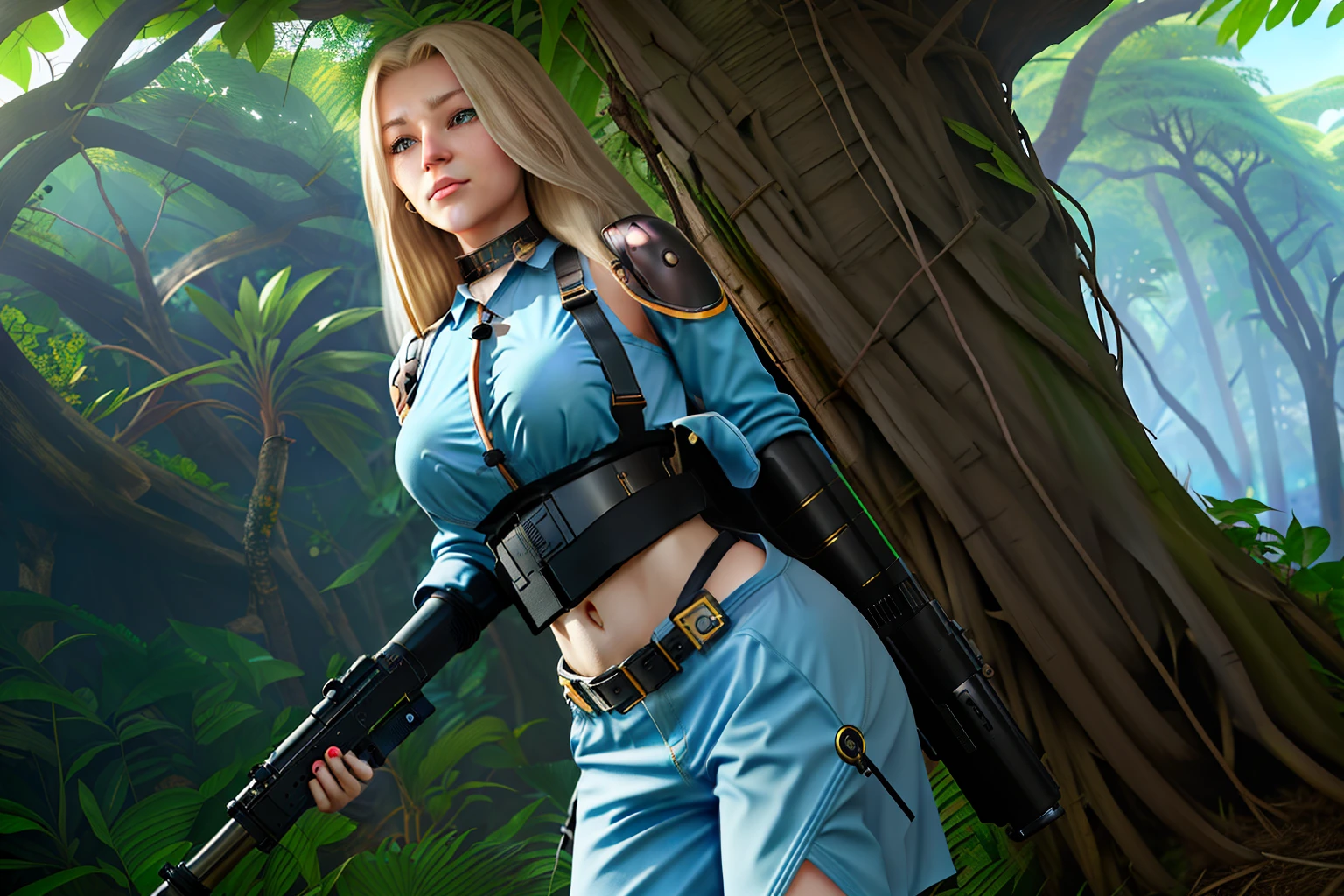 A woman in her 20s, perfect face, blonde, big breasts, wearing a collared outfit, with a machine gun on her back, ultra realistic 4k, award-winning digital art, (extremely detailed: 1.5) and behind her is a jungle