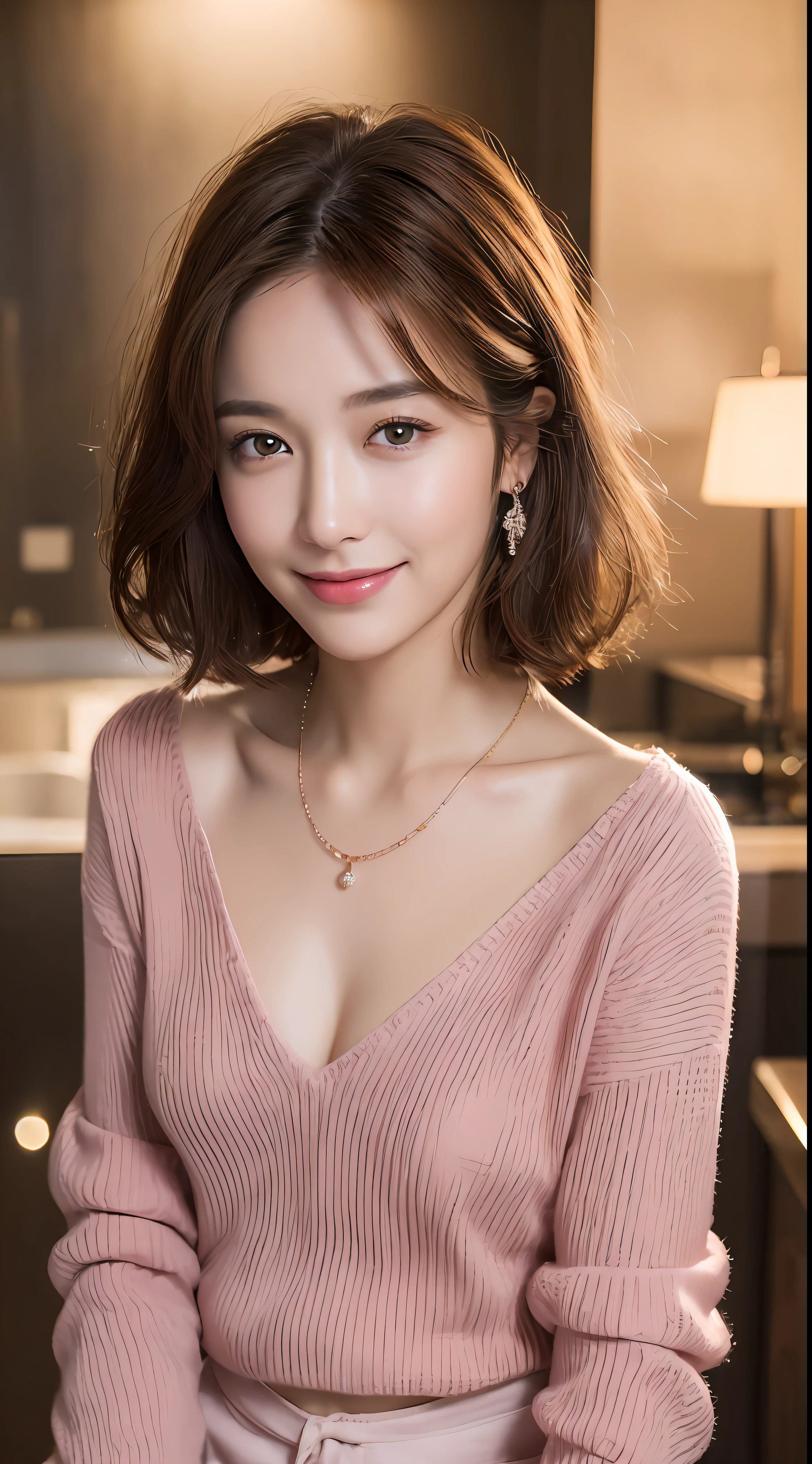((Night, Realistic Light, Best Quality, 8K, Masterpiece: 1.3)), 1girl, Slim Beauty: 1.4, Abs: 1.1, (Brown hair, Medium breasts: 1.3), Long pink sweater: 1.1, Bathroom, Super fine face, Delicate eyes, Double eyelids, smile, necklace
