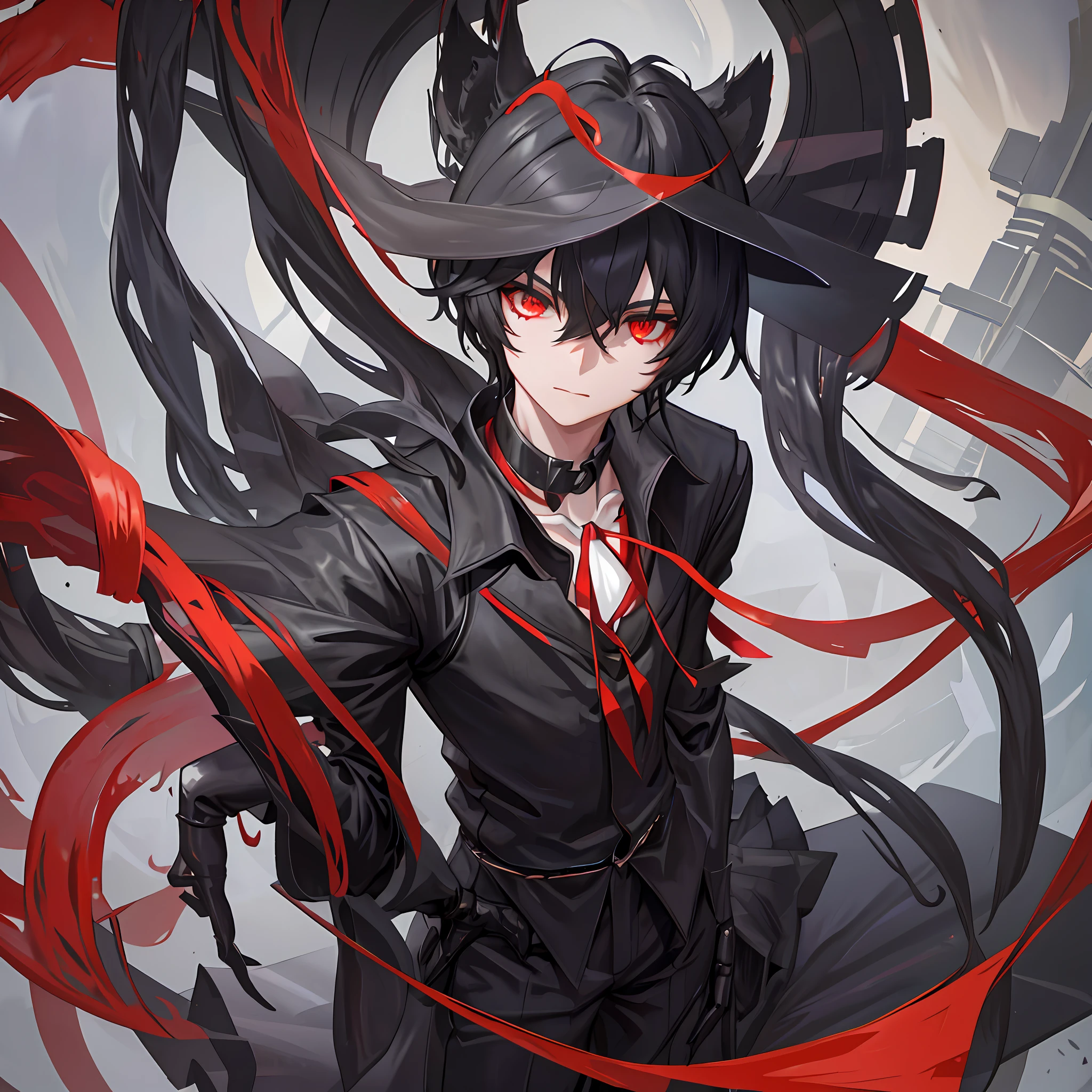 Black cat, anthropomorphic, figure of a boy with black hair, big red ribbon around his neck, realistic, wearing a black cloak