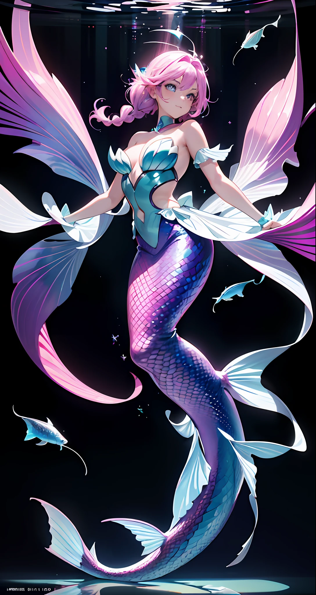 Masterpiece, Best Quality, Movie Stills, 1Girl, Mermaid, Pink Purple Hair, Glowing Colored Fish Scales, Beautiful Fish Tail, (Close-up: 1.1), Happy, Funny, Soft Lighting, Full Body Exposed, White Background (Bauhaus, Shapes, Lines, Abstract: 1.1)