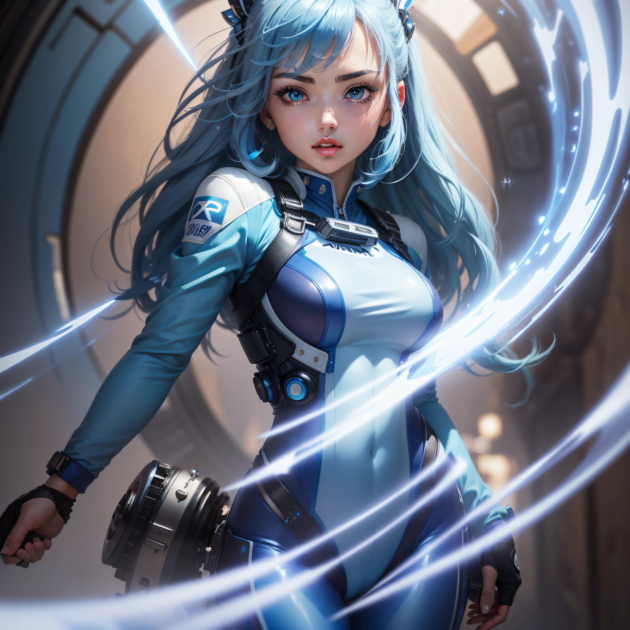 (Super elaborate CG Unity 8K wallpaper, masterpiece, highest quality): (Solo girl, solo, Japan face, 1 girl, sparkly blue colored eyes, blue hair, white and blue color flight suit, tight fit clothes, clothes that cover the whole body, beauty, gentle expression)