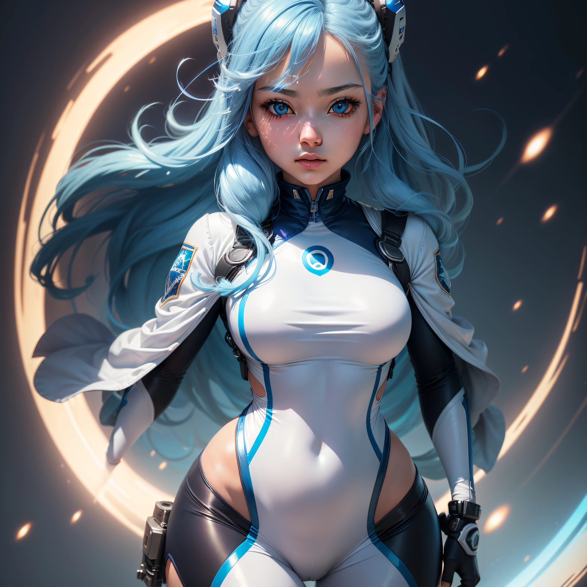 (Super elaborate CG Unity 8K wallpaper, masterpiece, highest quality): (Solo girl, solo, Japan face, 1 girl, sparkly blue colored eyes, blue hair, white and blue color flight suit, tight fit clothes, clothes that cover the whole body, beauty, gentle expression)