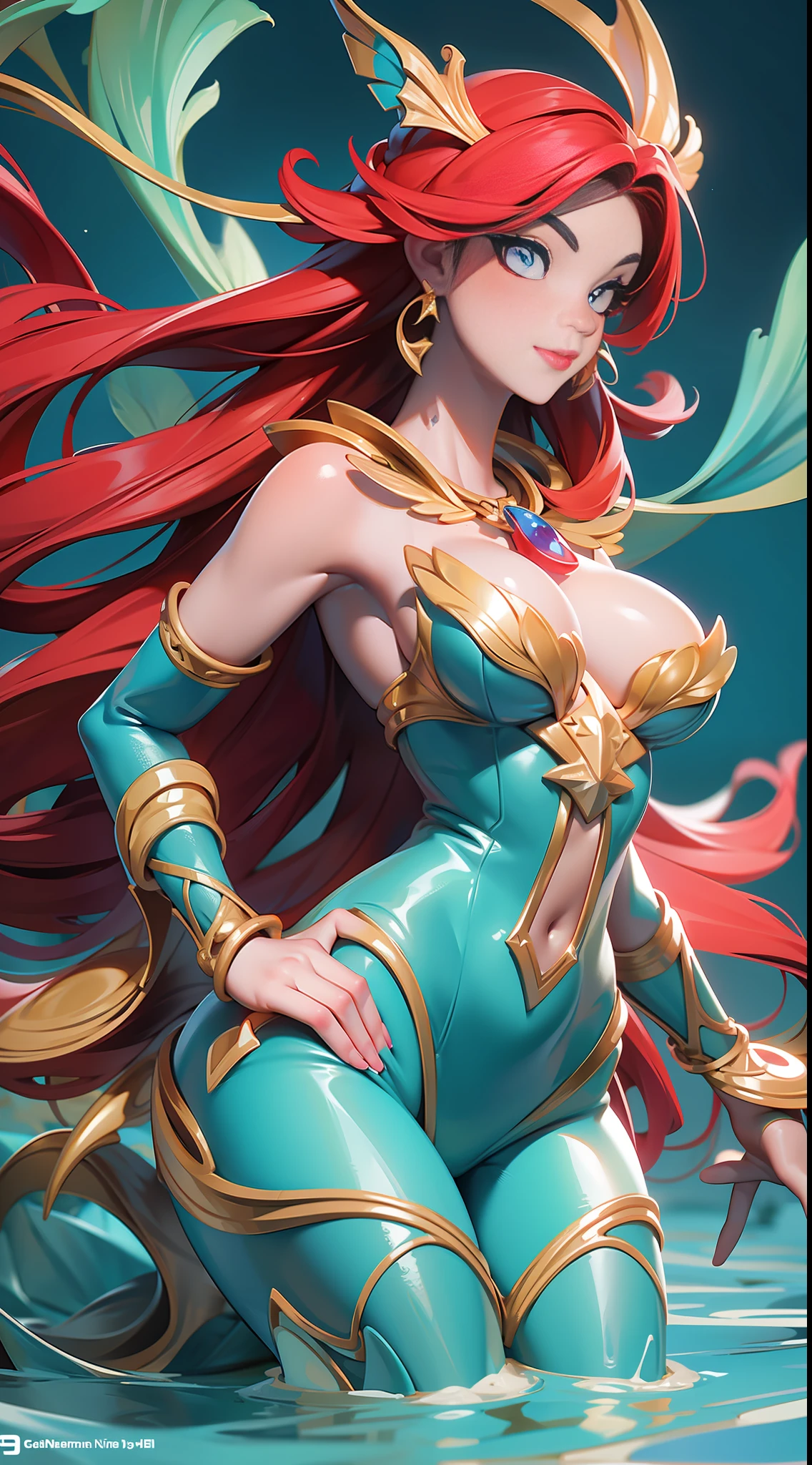 full body picture Unreal Engine 5 8K UHD of beautiful female, mermaid, fantasy world, red long hair, sapphire earring, red necklace, swimming in the see, beautiful make up, best quality, masterpiece