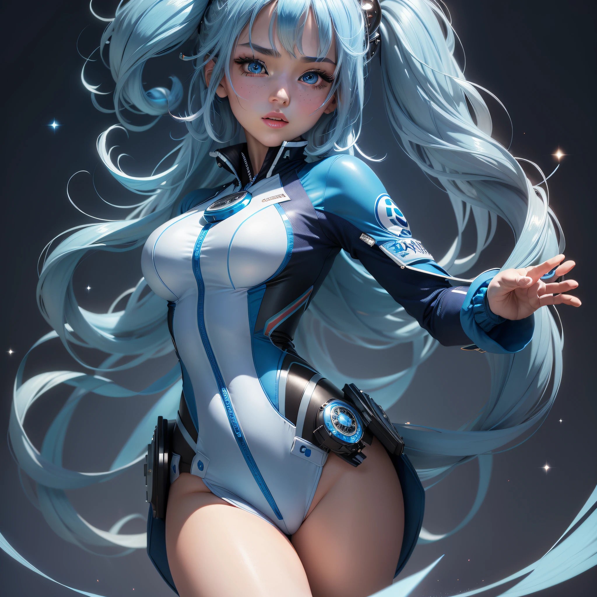 (Super elaborate CG Unity 8K wallpaper, masterpiece, highest quality): (Solo girl, solo, Japan face, 1 girl, sparkly blue colored eyes, blue hair, white and blue color flight suit, tight fit clothes, clothes that cover the whole body, beauty, gentle expression)