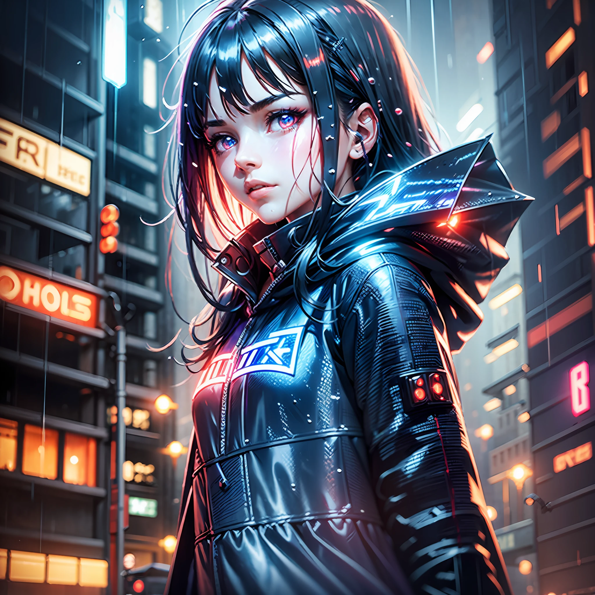 (Ultrarealistic:1.1),(grainy:0.8), natural lighting, futuristic city, (raining:1.3), (dark:1.3), (fog:1.2), red lights, orange lights, blue lights, purple lights AND 2 girls, cape with hood, light logo, [cyberpunk clothing:wet:0.32], red lights, orange lights, menacing, sharp, (pointing weapon at the viewer:1.3), wet black hair, (fire:1.2), in middle, red eyes AND 2 girls, cape with hood, light logo, [cyberpunk clothing:wet:0.32], blue lights, purple lights, menacing, sharp, (pointing weapon at the viewer:1.3), wet white hair, (ice:1.2), in middle, blue eyes,(Colorful:0.75) --auto --s2