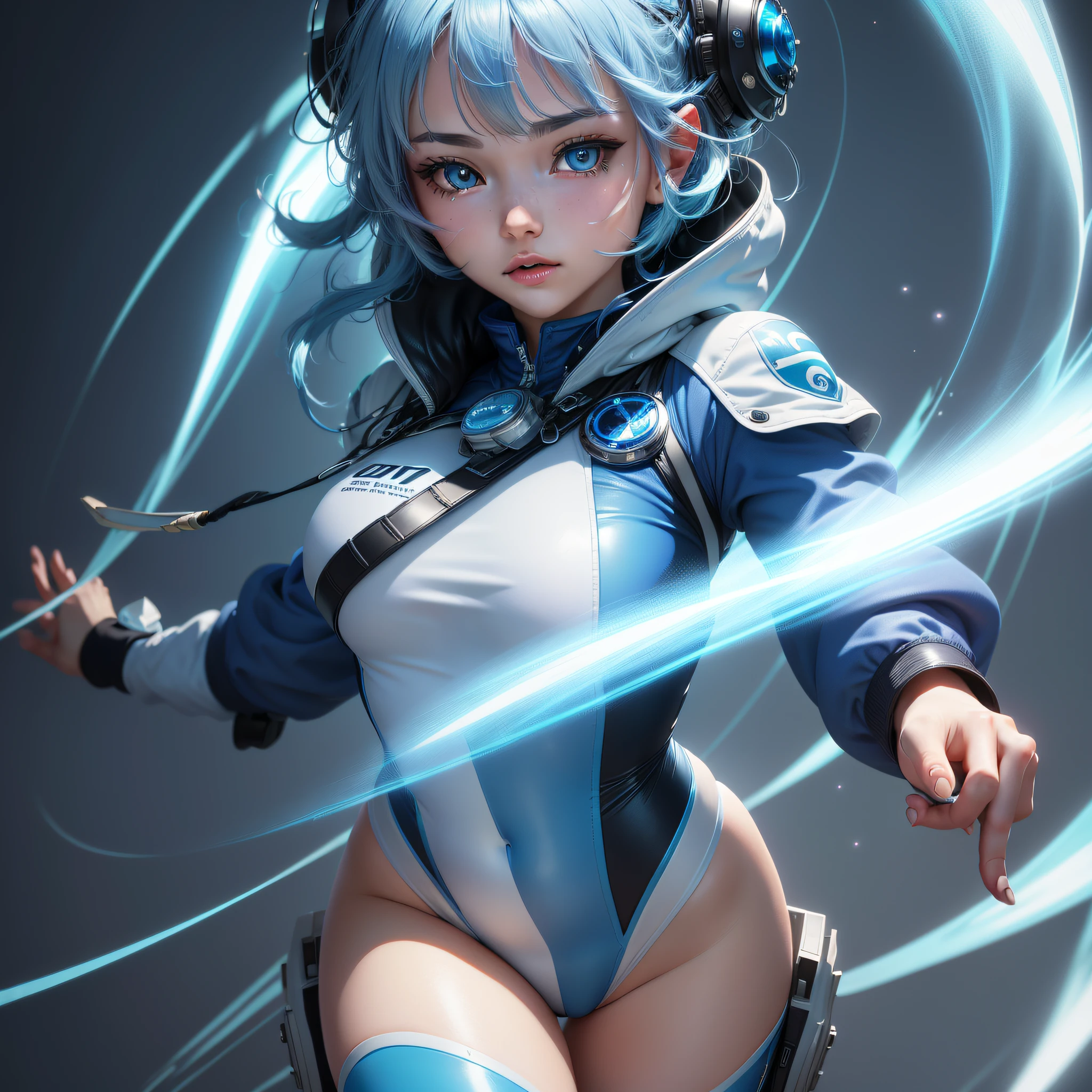 (Super elaborate CG Unity 8K wallpaper, masterpiece, highest quality): (Solo girl, solo, Japan face, 1 girl, sparkly blue colored eyes, blue hair, white and blue color flight suit, tight fit clothes, clothes that cover the whole body, beauty, gentle expression)